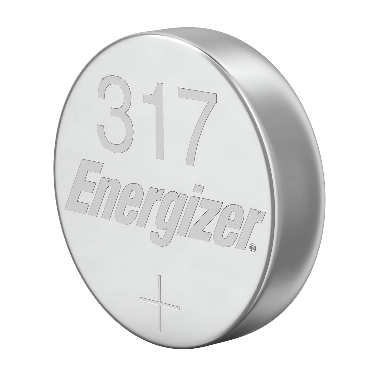 The Energizer 317 Silver Oxide Button Cell, with "317" and "Energizer" engraved on its surface, is perfect for high-precision devices. The positive terminal is indicated by a plus sign.