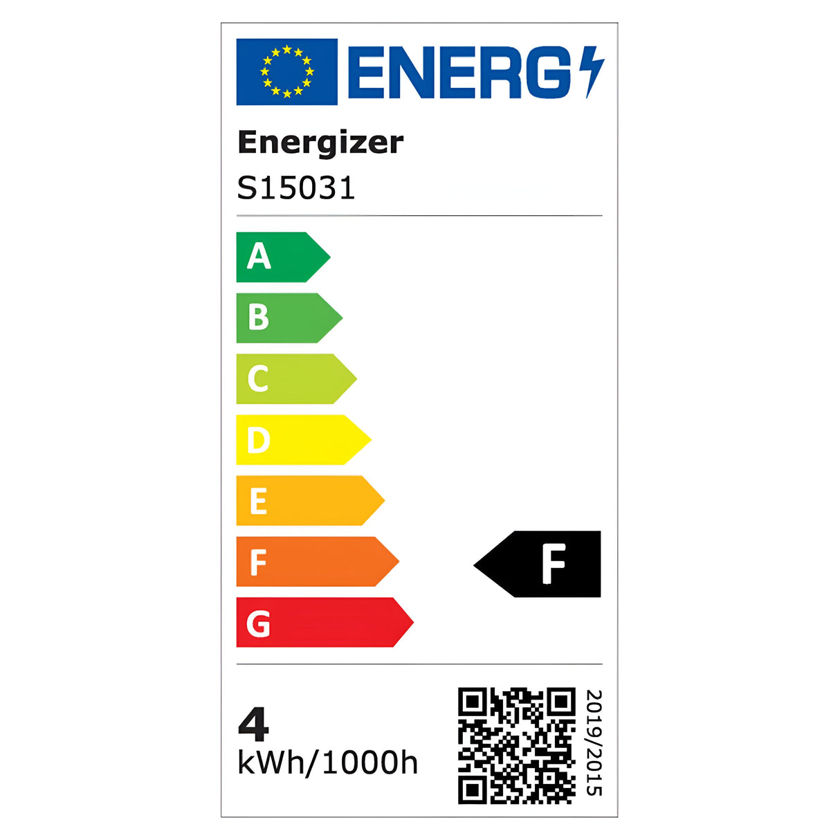 The Energizer 4W G80 Dimmable LED Globe Filament Smokey Bulb in Cool White, with an E27 base and 4000K color temperature, features a smoky glass finish and an energy label rated F for efficiency. The black arrow indicates its 4 kWh/1000h usage, complemented by a QR code for a polished and modern presentation.