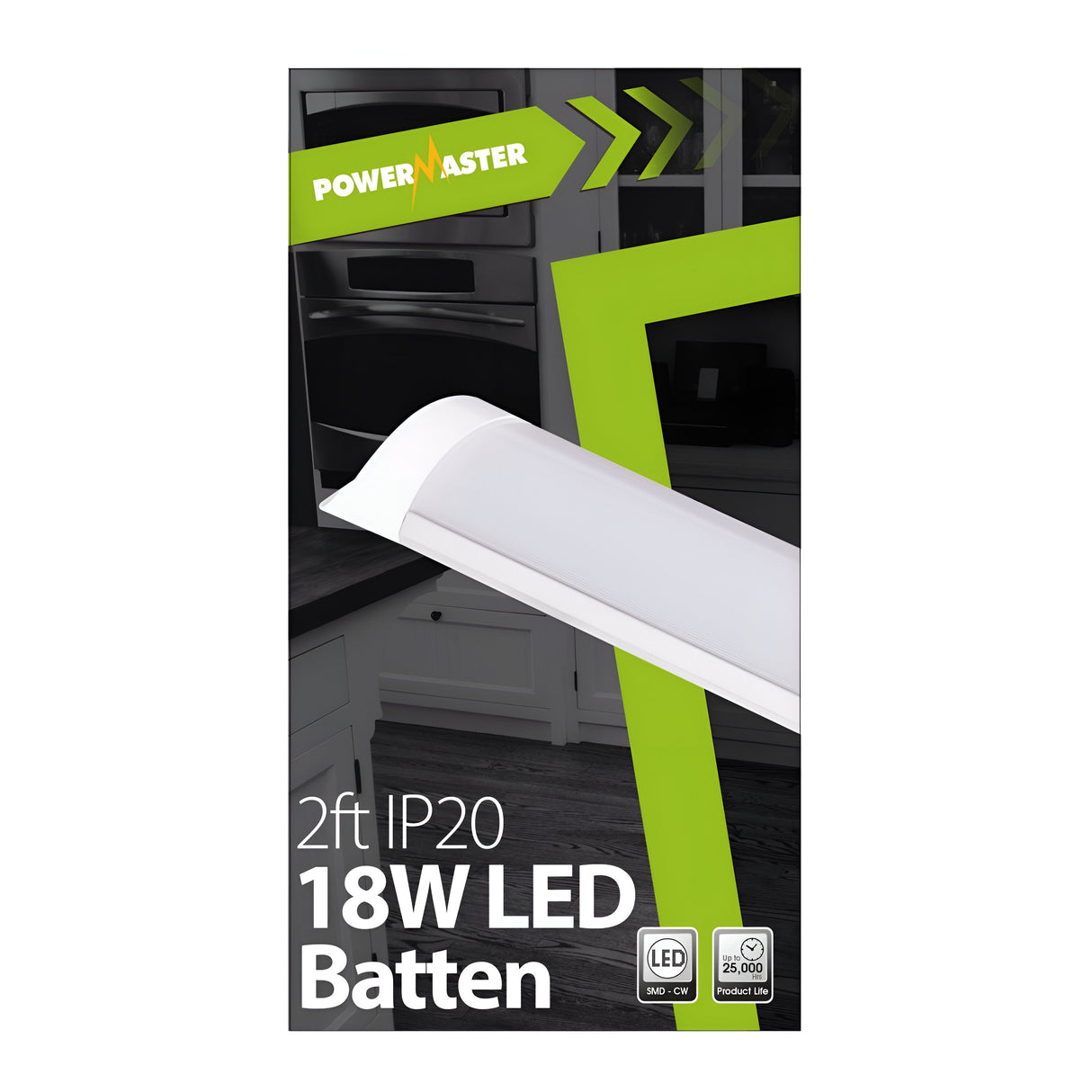 The packaging for the PowerMaster 2ft 18W LED Batten - 4,000K, Cool White highlights its energy-efficient lighting with visuals depicting a 25,000-hour lifespan. The design incorporates a green and black color scheme alongside an arrow pointing right, emphasizing its cool white light technology.