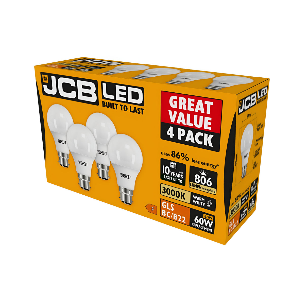 A four-pack of JCB 8.5W Non-Dimmable LED GLS Bulbs with a Bayonet Cap (B22) features vibrant yellow packaging that highlights their key benefits, including 806 lumens of brightness, a warm white 3000K color temperature, and long-lasting durability. This pack offers great value with a lifespan of up to 10 years, ensuring extended illumination.