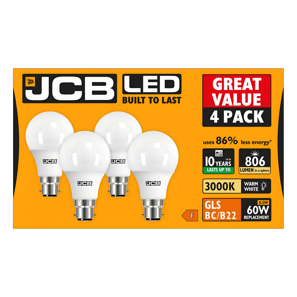 Packaging for the JCB 8.5W Non-Dimmable LED GLS Bulb - Warm White, B22, 3000K (4 Pack), includes four long-lasting Bayonet Cap bulbs. This value-packed set of bulbs provides 806 lumens of warm white light at 3000K, designed to replace traditional 60W bulbs while using only 8.5W each and offering an impressive lifespan of up to 10 years.
