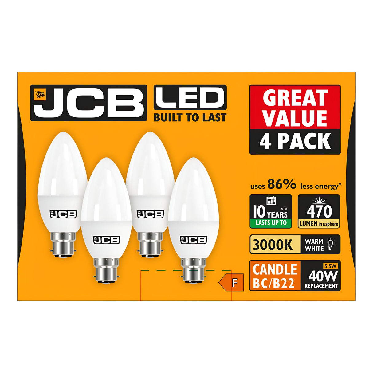 The image displays a JCB LED lightbulb package that showcases energy-efficient lighting, containing four 5.5W Non-Dimmable LED Candle Bulbs with B22 bases. The box emphasizes features such as 86% energy savings, warm white light at 3000K, with a brightness of 470 lumens, effectively replacing a traditional 40W bulb. The label "Great Value 4 Pack" is prominently featured on the packaging.