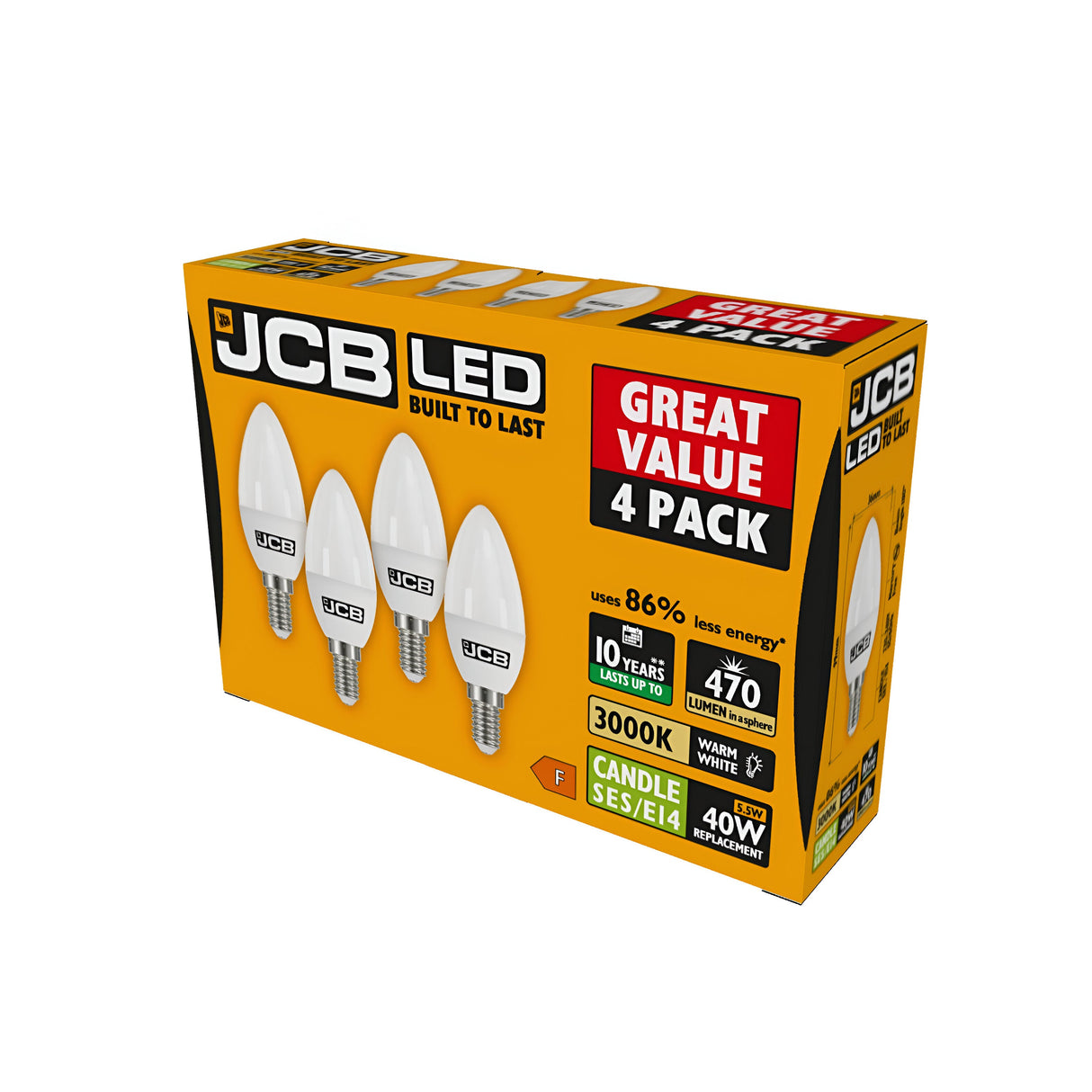 A yellow and orange box contains a four-pack of JCB 5.5W Non-Dimmable LED Candle Bulbs with a small Edison screw (SES/E14) fitting. The packaging highlights features such as a lifespan of 10 years, warm white light at 3000K, and 470 lumens, equivalent to a 40W bulb.