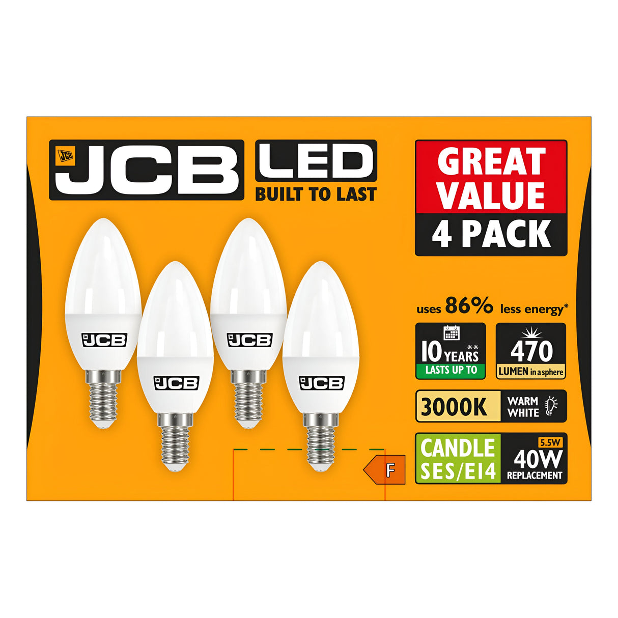 Picture of a JCB LED Candle Bulb 4-pack with small Edison screw (E14) bases. The dynamic orange and black packaging emphasizes a 10-year lifespan, providing warm white light at 3000K and delivering a brightness of 470 lumens. These bulbs are equivalent to 40W while consuming 86% less energy.