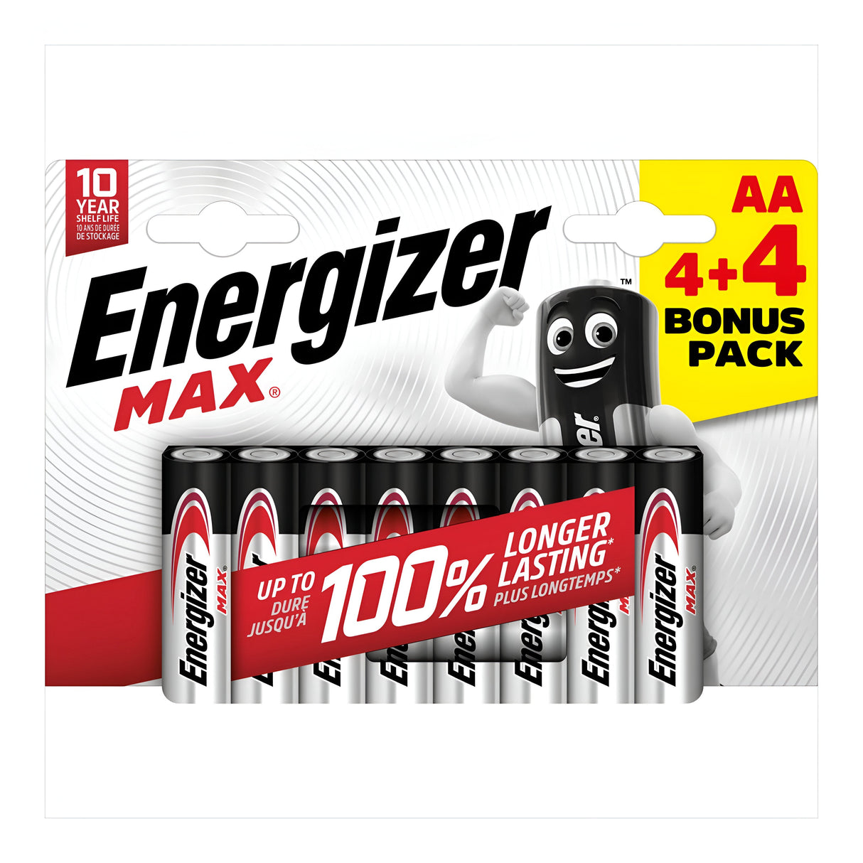 The Energizer Max AA LR6 Alkaline Batteries (4+4 Pack) offer long-lasting power and a leak-resistant design. The packaging, featuring a cheerful battery character flexing an arm, highlights its impressive 10-year shelf life to keep your devices energized for longer.