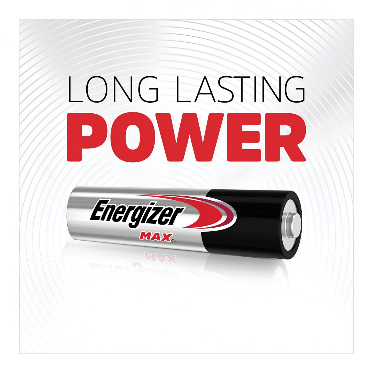 Image of Energizer Max AA LR6 Alkaline Batteries (4+4 Pack) with the text LONG LASTING POWER above. The background features subtle concentric circles, creating a dynamic effect. The silver and black batteries, accented with red detailing, showcase their leak-resistant design for ultimate reliability.