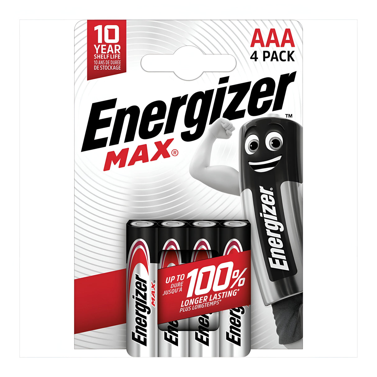 The packaging of the Energizer Max AAA LR03 Alkaline Batteries (4 Pack) features four batteries and a cheerful battery mascot flexing its arm. It prominently advertises a 10-year shelf life and guarantees 100% longer-lasting performance.