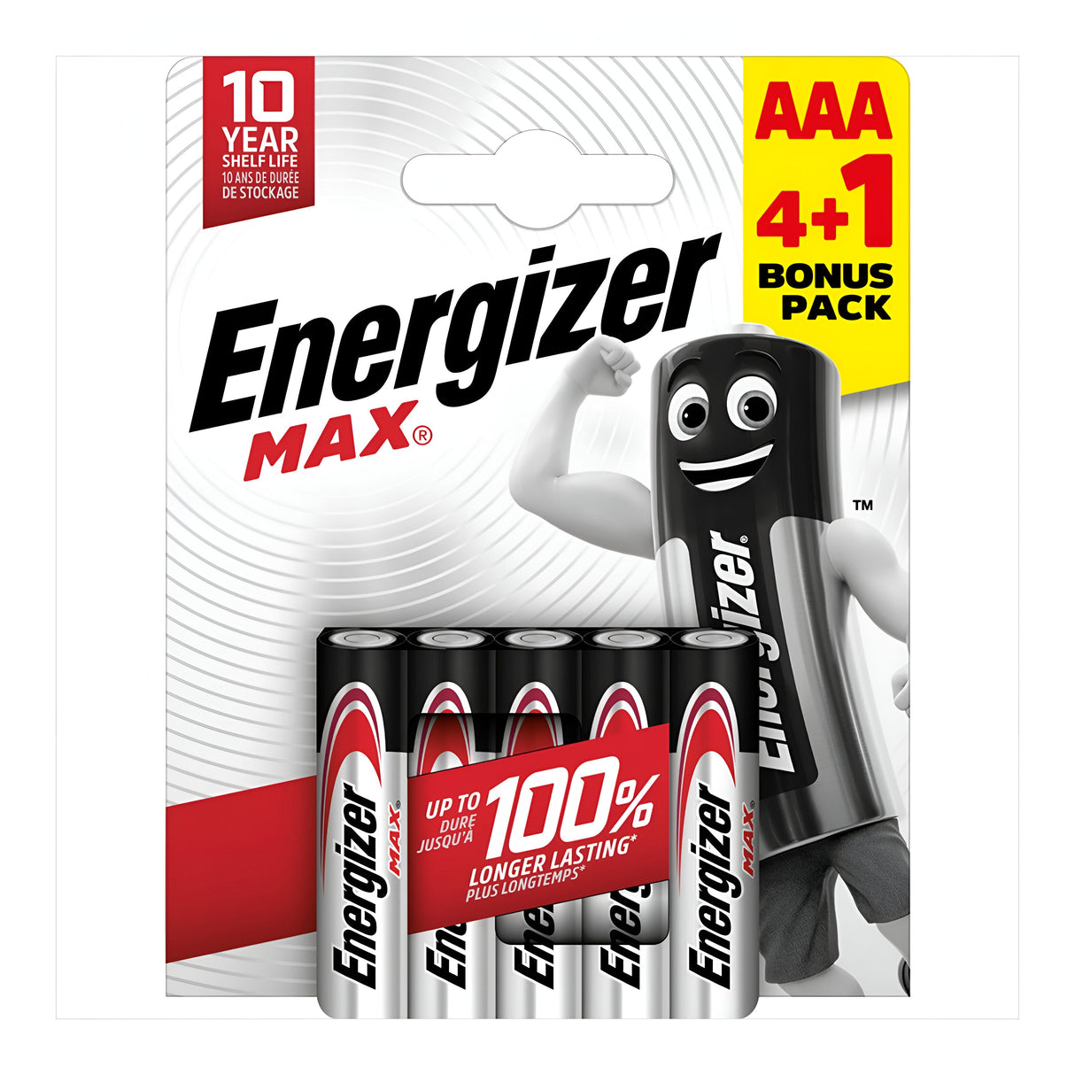 The packaging for Energizer Max AAA LR03 Alkaline Batteries (4+1 Pack) includes a depiction of a black battery character and emphasizes a 10-year shelf life along with 100% longer-lasting performance in bold red lettering.