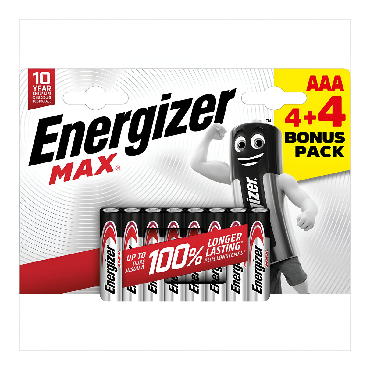 The Energizer Max AAA LR03 Alkaline Batteries are available in a 4+4 bonus pack, offering up to 100% longer-lasting power. With Energizer's signature design and leak-resistant technology, the packaging prominently features a white background accented with red and black for a bold appearance.