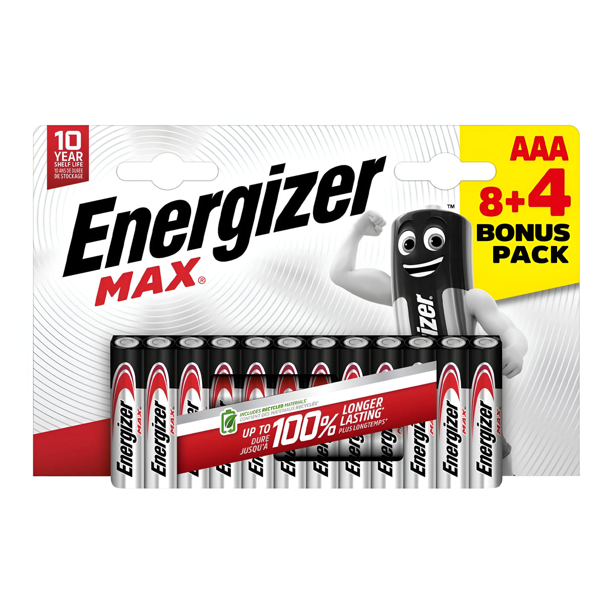 Image of an Energizer Max AAA LR03 Alkaline Batteries (8+4 Pack) package showcasing 12 alkaline batteries. The packaging emphasizes Up to 100% Longer Lasting performance with Leak-Proof Technology and features a character resembling a battery flexing its arms.