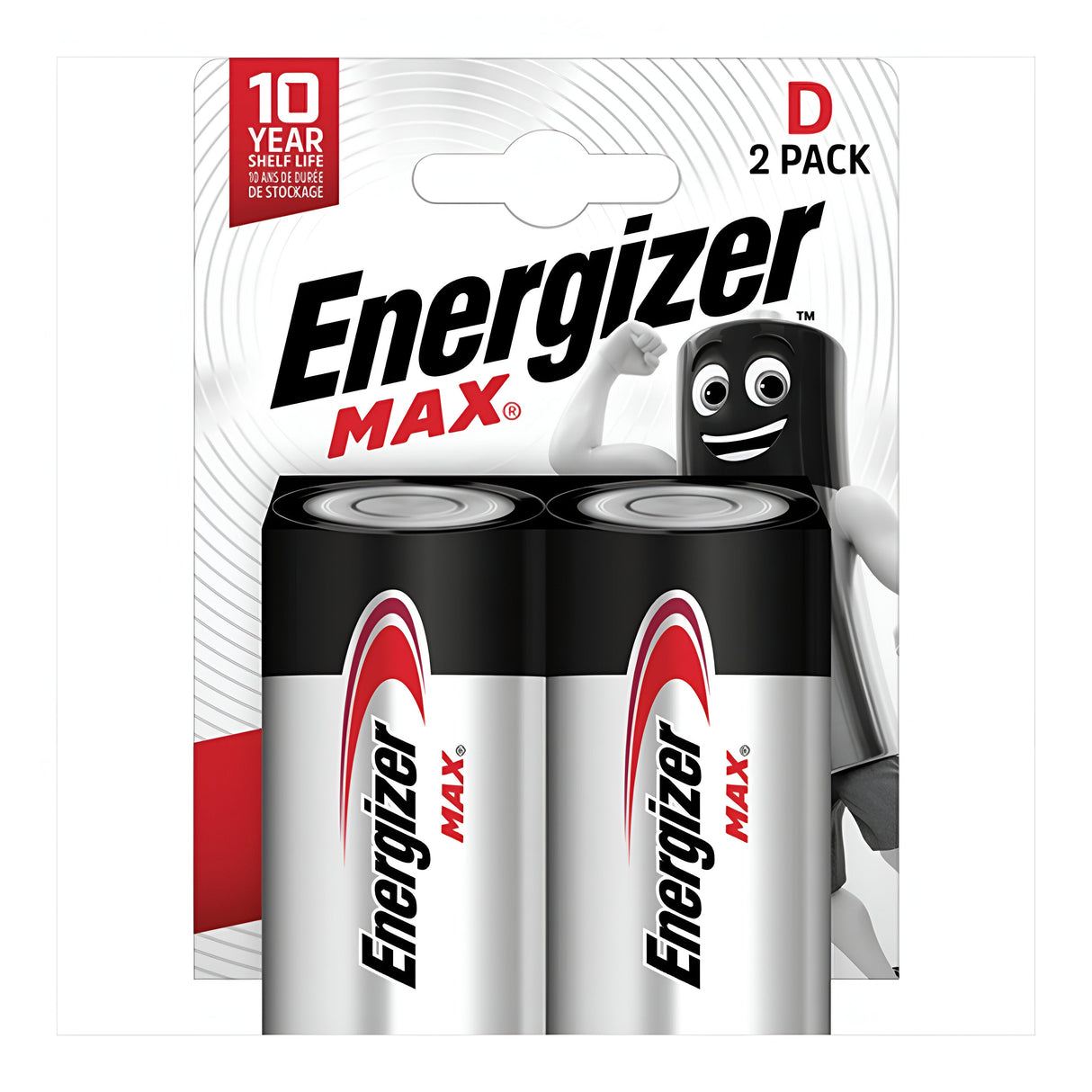 Packaging of Energizer Max D LR20 Alkaline Batteries (2 Pack) features the cheerful Energizer mascot set against a white and grey swirled background. The design emphasizes the leak-resistant technology and a promise of reliable performance with a 10-year shelf life.