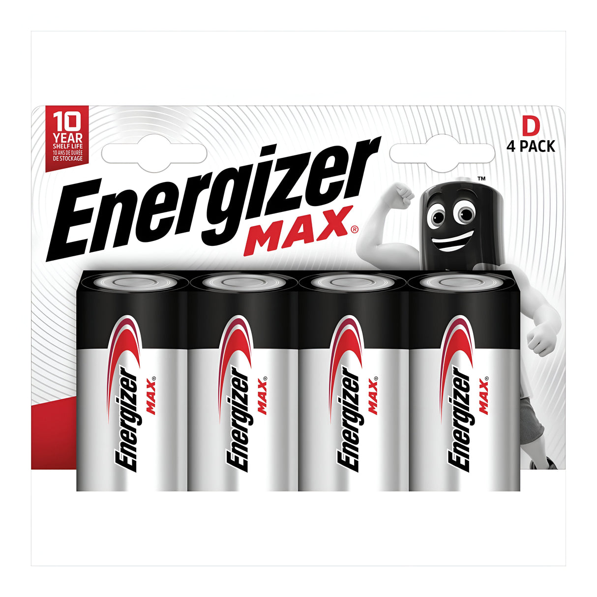 The packaging for Energizer Max D LR20 Alkaline Batteries (4 Pack) prominently displays the brand's logo and product specifications, highlighting Prolonged Battery Life with a 10-Year Shelf Life. In the background, a cartoon battery character flexes an arm, emphasizing its strength and durability.