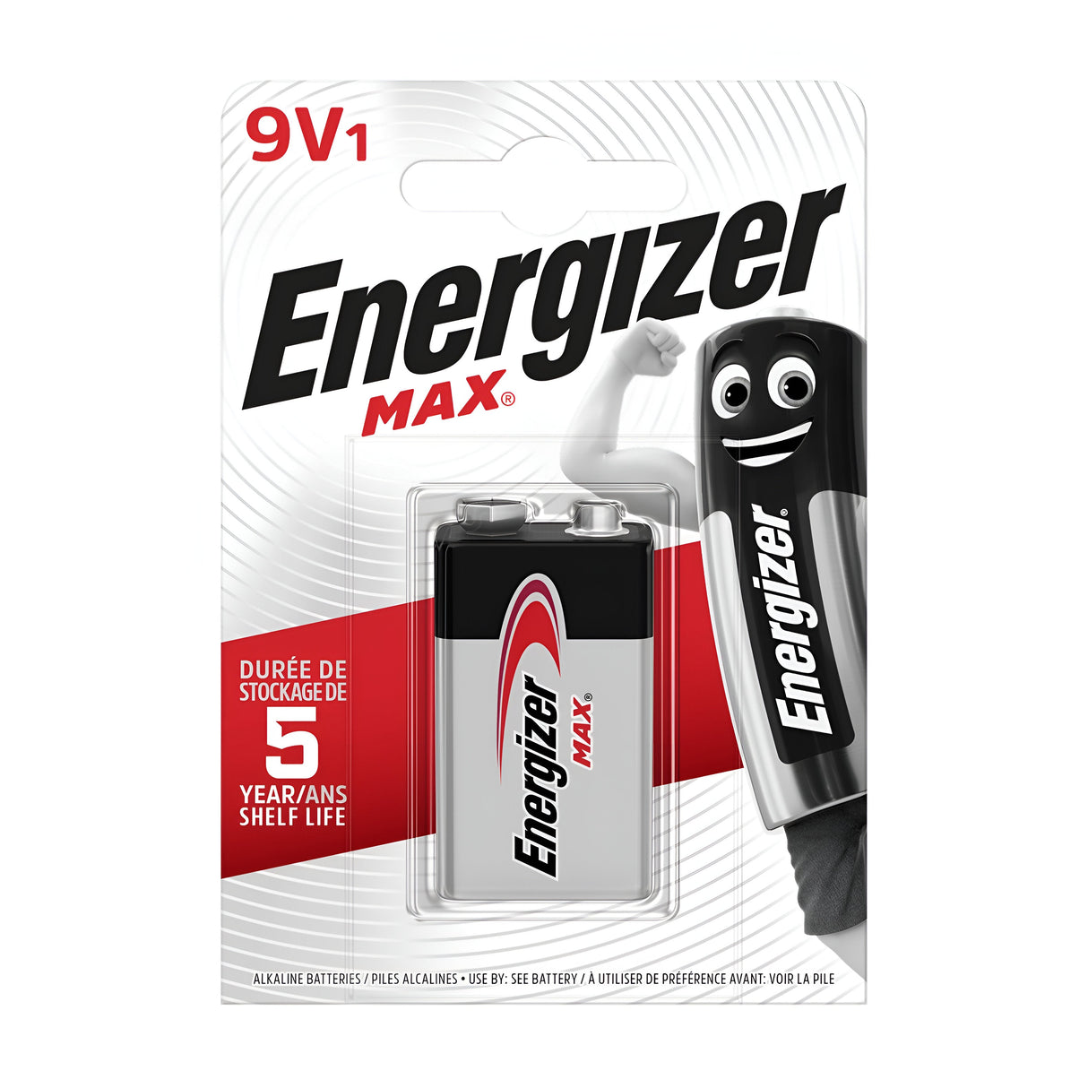 The Energizer Max 9V PP3 6LR61 Alkaline Battery (1 Pack) offers long-lasting power with leak-resistant technology, featuring a silver and black design. The package also emphasizes a 5-year shelf life and includes the Energizer mascot on the right side.
