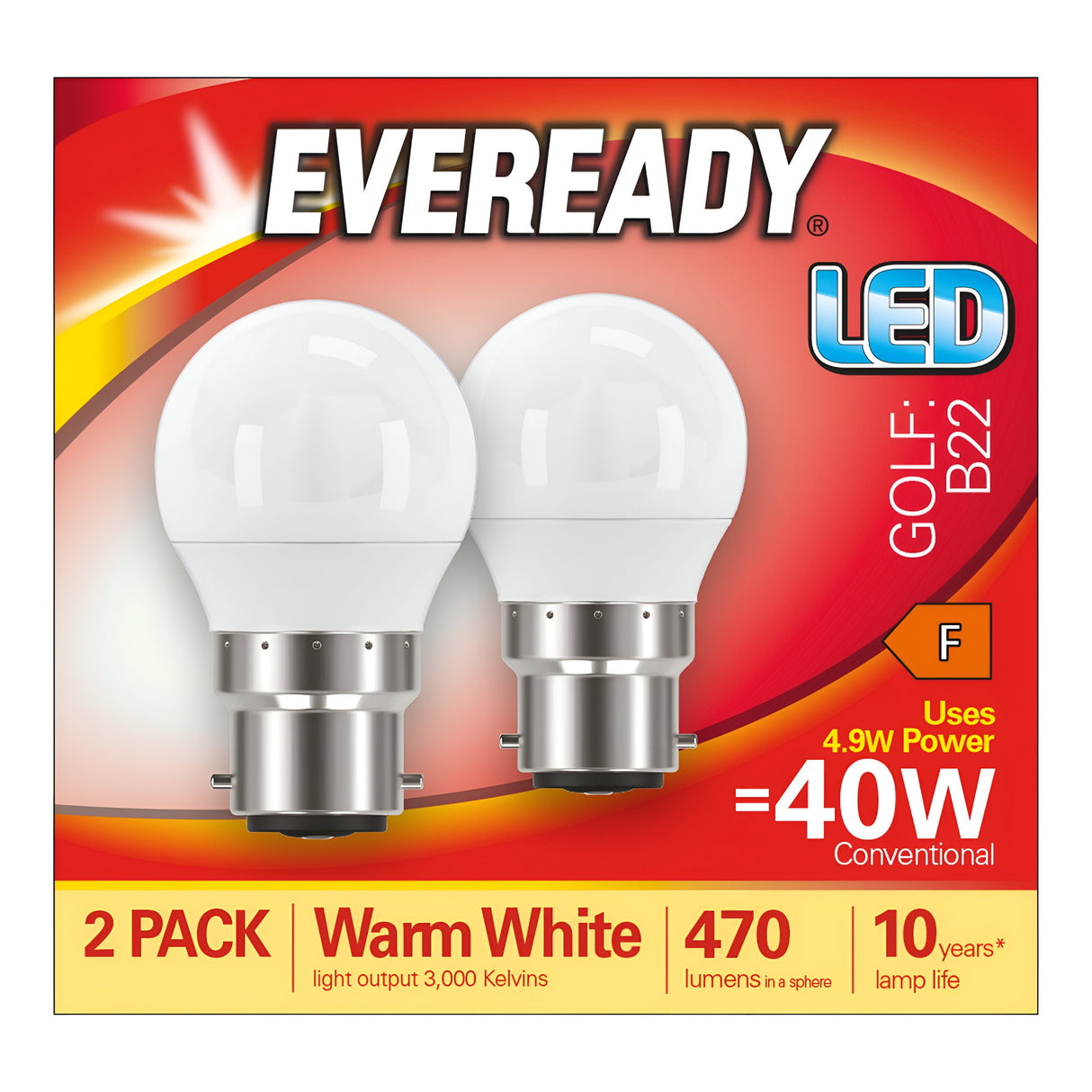 The Eveready 4.9W Non-Dimmable LED Golf Ball Bulb in a convenient two-pack offers energy-efficient lighting solutions, with each bulb providing warm white light equivalent to 40W power usage. It delivers 470 lumens with a 3000 Kelvin output and features a remarkable lifespan of up to 10 years.