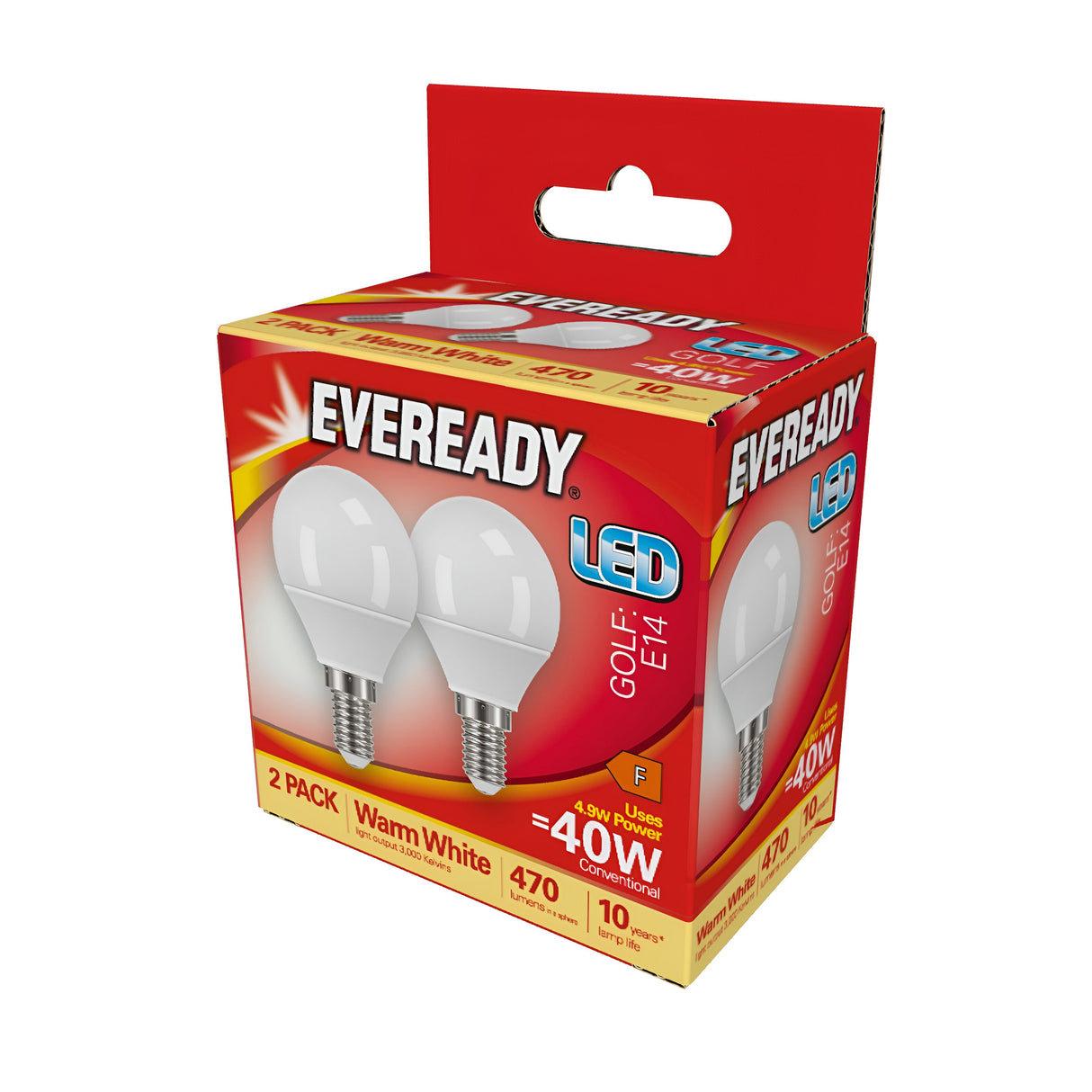 A red and white box contains a 2-pack of Eveready 4.9W Non-Dimmable LED Golf Ball Bulbs, which emit a warm white glow at 3000K. These bulbs, with an E14 small Edison screw base fitting, provide the same brightness as traditional 40W bulbs by delivering 470 lumens each. They are designed for energy efficiency and have a durability of up to 10 years.