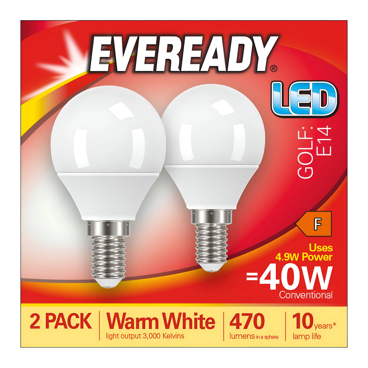 The image displays the packaging for the Eveready 4.9W Non-Dimmable LED Golf Ball Bulbs, which include an E14 small Edison screw base. This package of two warm white bulbs delivers a light output equivalent to 40W while consuming only 4.9W, providing 470 lumens and a remarkable lifespan of up to 10 years.