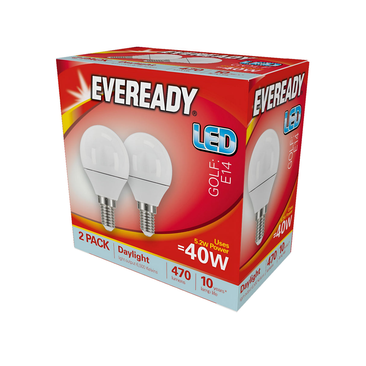 A 3D-rendered image showcases a pack of Eveready LED Golf Ball Bulbs. The vibrant red and yellow packaging contains two bulbs, each with an E14 base and consuming 4.9W of power. These bulbs provide an output equivalent to 40W, emit 470 lumens, feature daylight color at 6500K, and offer an impressive lifespan of up to 10 years.