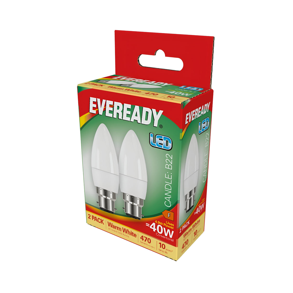 The Eveready 4.9W Non-Dimmable LED Candle Bulb package showcases two bulbs, providing a Warm White light with a color temperature of 3000K. Each bulb offers the brightness of 470 lumens, equivalent to a traditional 40W bulb, promising energy savings.