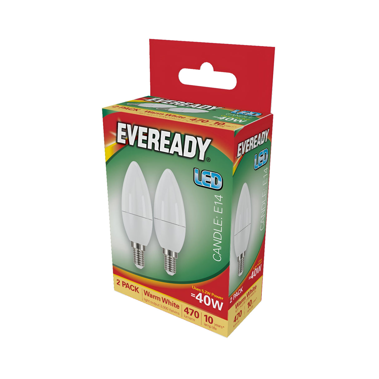 Photo of Eveready LED light bulbs packaging. The box displays a set of two candle-shaped bulbs labeled as 4.9W with an E14 base, providing 470 lumens for energy efficiency and warm white light at 3000K. The design uses a red and green color scheme with product details prominently shown on the front.