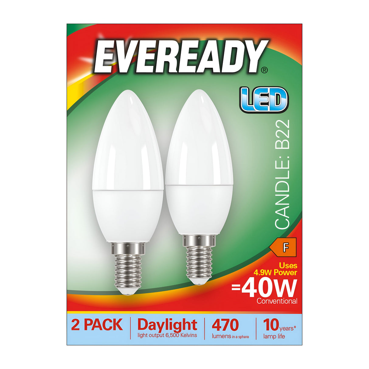 The packaging for a two-pack of Eveready 4.9W Non-Dimmable LED Candle Bulbs, featuring E14 bases and a daylight color temperature of 6500K, showcases the bulbs prominently. The package highlights their 470-lumen output and efficiency by using only 4.9 watts while providing the same brightness as a traditional 40-watt bulb, along with an impressive lifespan of up to 10 years.