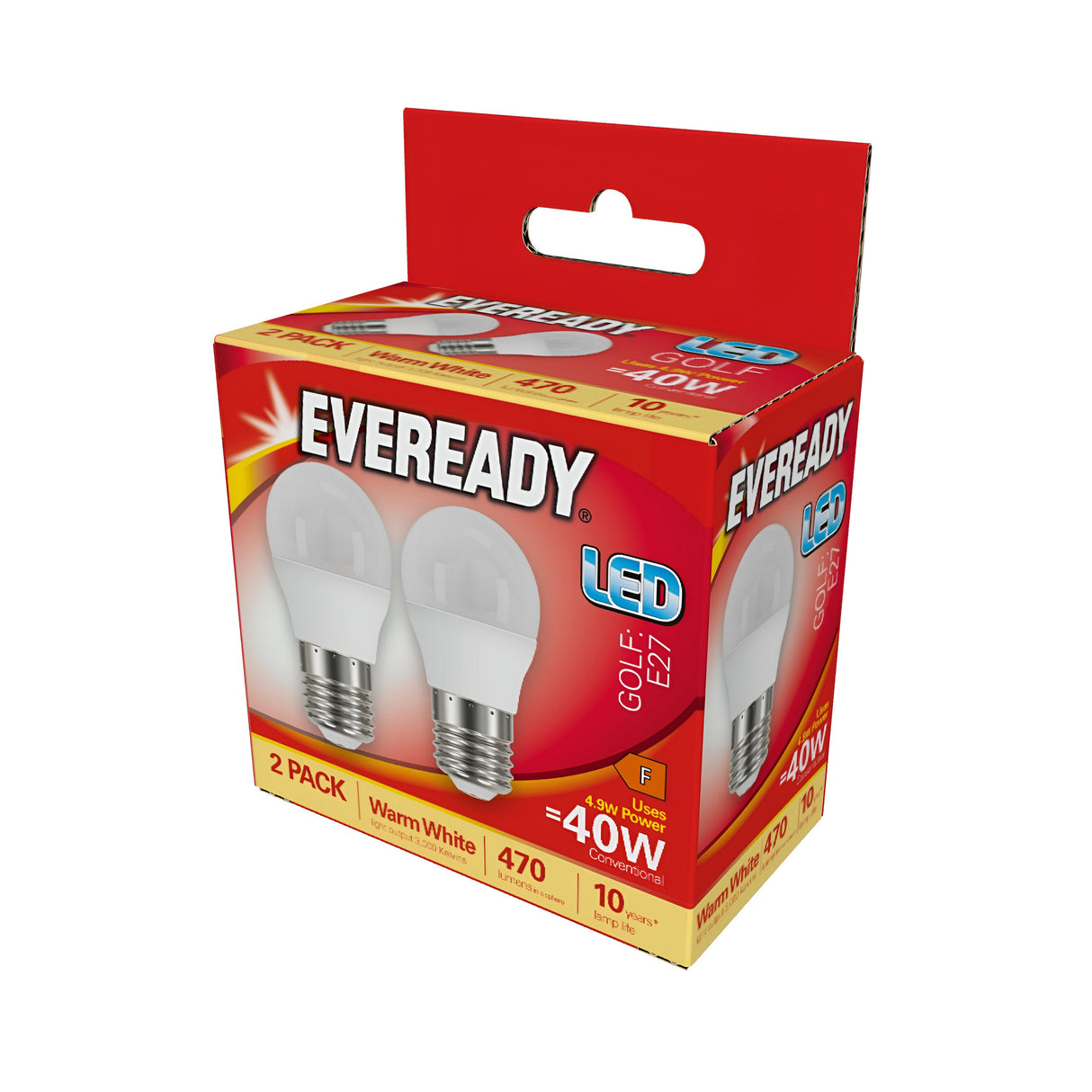 A package of Eveready 4.9W Non-Dimmable LED Golf Ball Bulbs, featuring a warm white light output at 470 lumens and an E27 base. This set includes two bulbs with a 40W equivalent, an energy rating of F, and is presented in red and orange packaging.