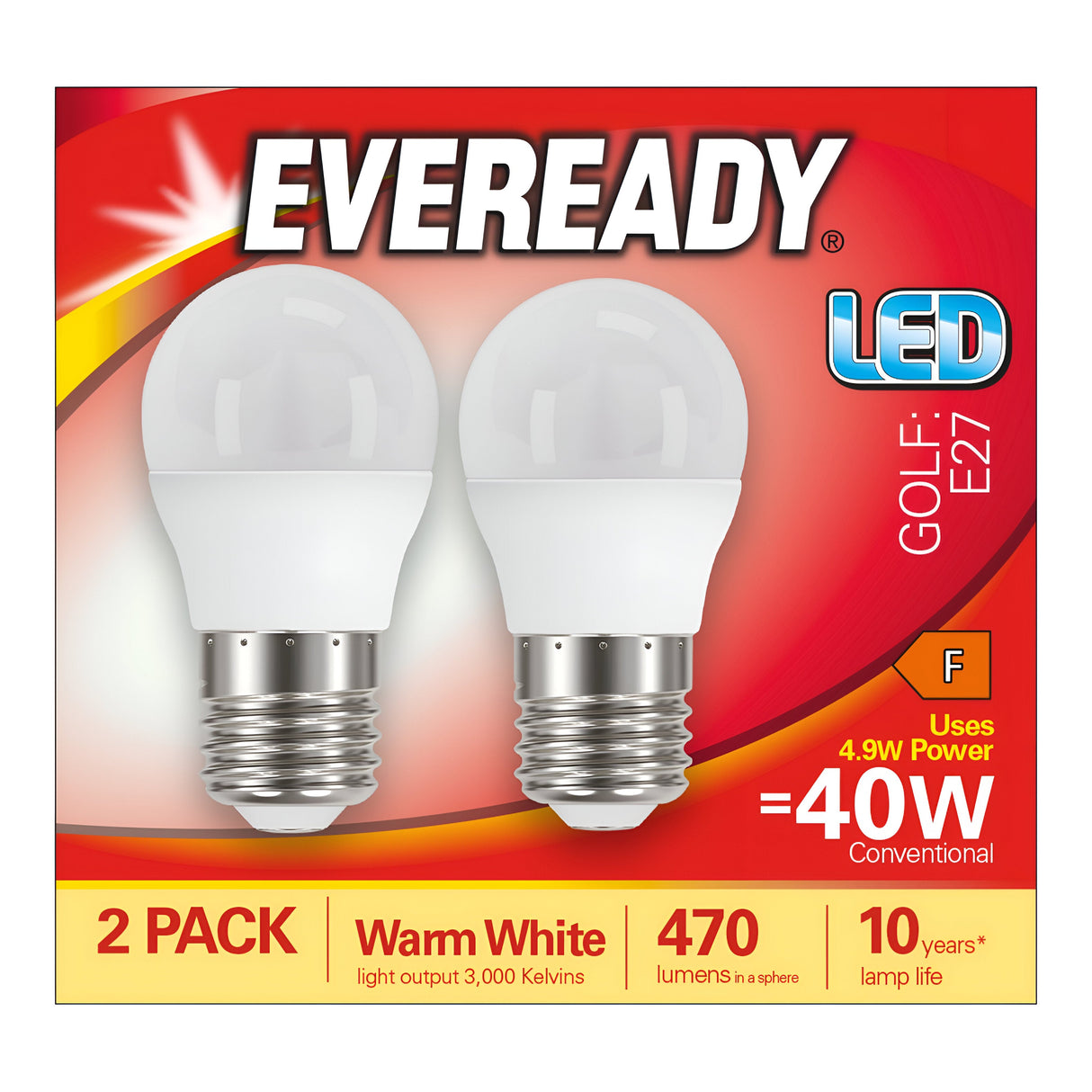 The Eveready 4.9W Non-Dimmable LED Golf Ball Bulb package prominently features two bulbs with GOLF E27 base, each boasting an energy class F. The bulbs emit 470 lumens of warm white light at 3000K, and have an impressive lifespan of 10 years. The packaging emphasizes the practicality of a convenient 2-pack.