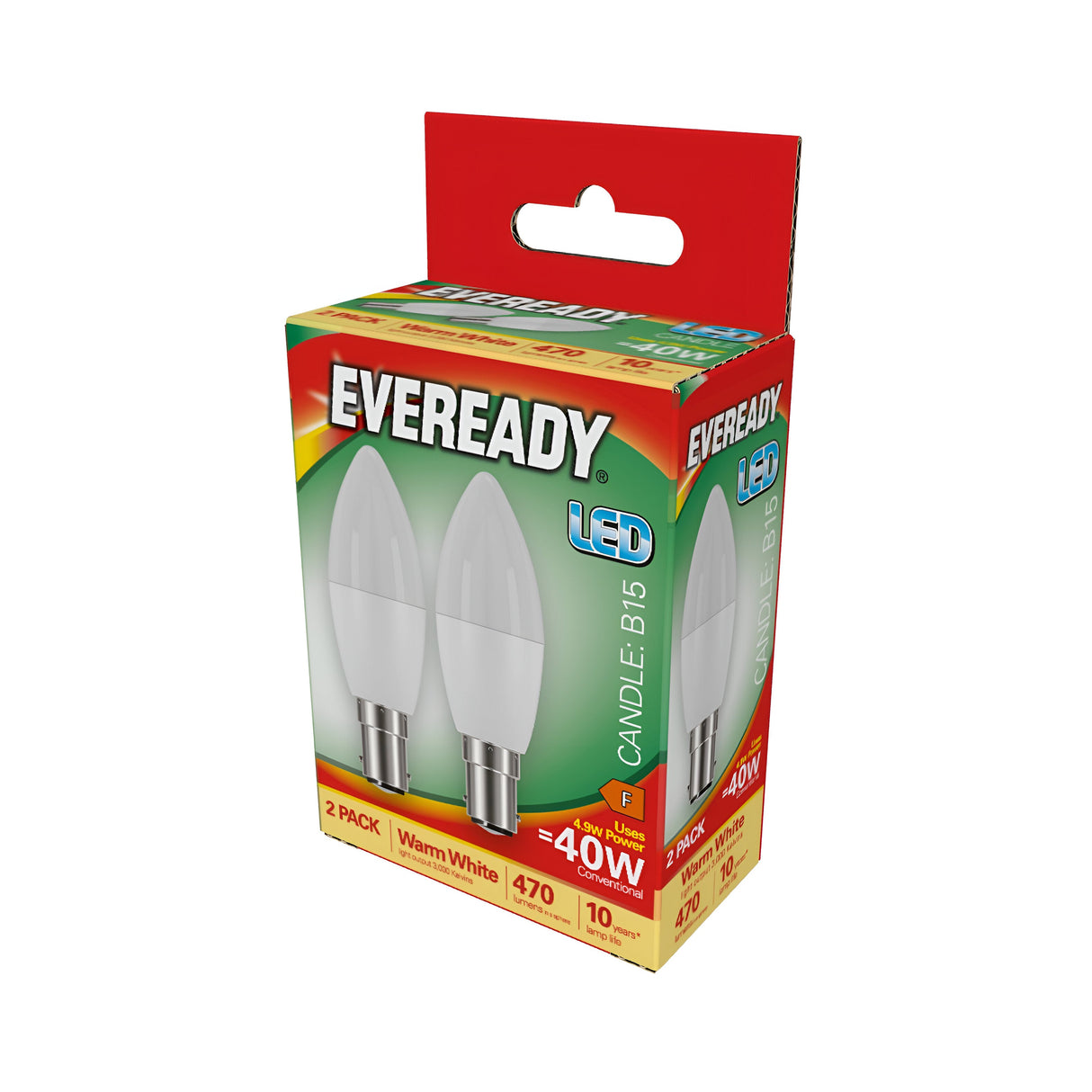 The packaging for the Eveready 4.9W Non-Dimmable LED Candle Bulb in warm white prominently displays two white bulbs, emphasizing energy savings. It highlights a warm glow of 3000K, a 40W equivalent output, and features a B15 fitting. The box notes that it is a 2-pack with an impressive lifespan of up to 10 years.