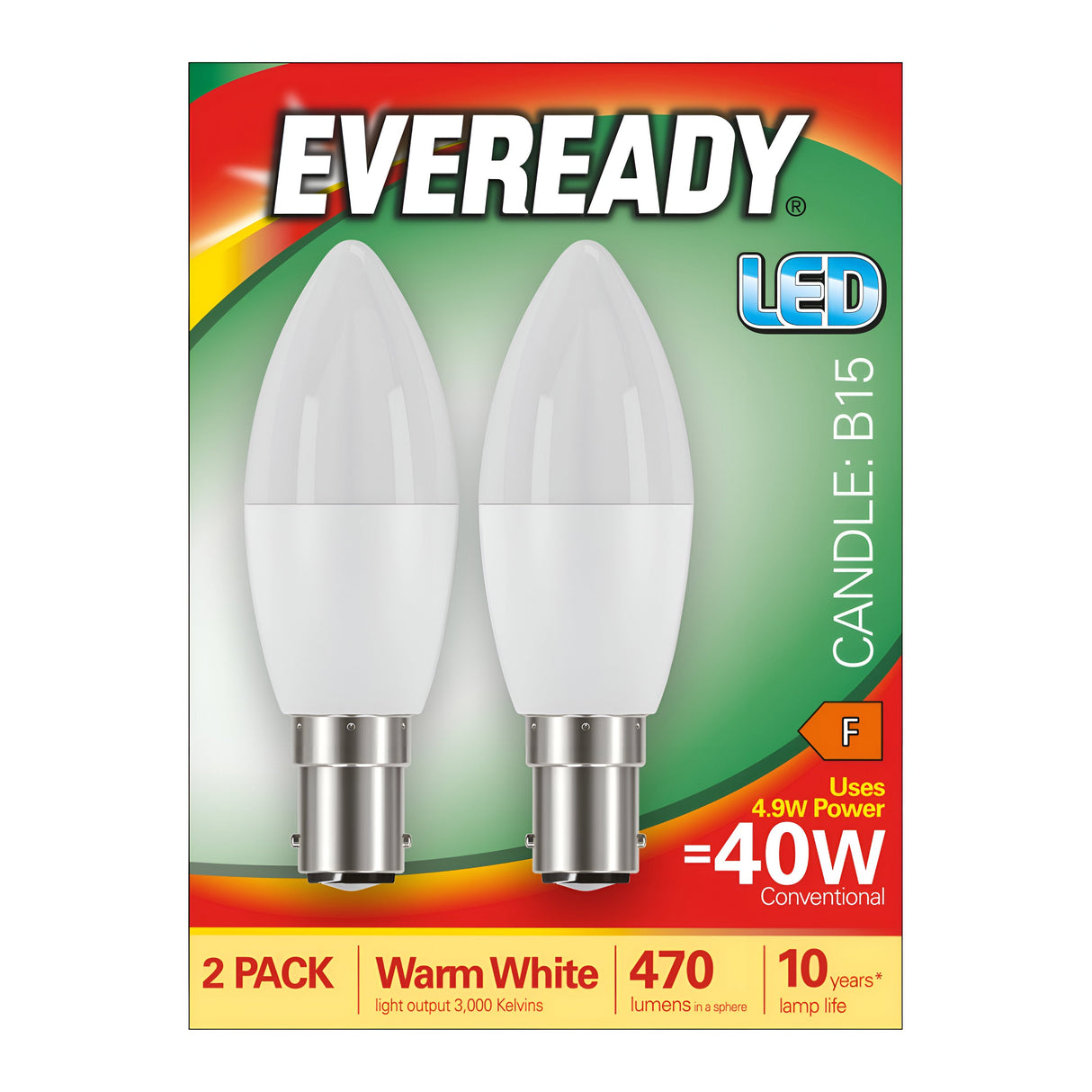 The packaging for the Eveready 4.9W Non-Dimmable LED Candle Bulb highlights its energy efficiency. This 2-pack contains bulbs with an output equivalent to 40W traditional bulbs, providing warm white light at 3000K and delivering 470 lumens. With a lifespan of up to 10 years, these B15 base LED bulbs ensure efficient lighting for your home.