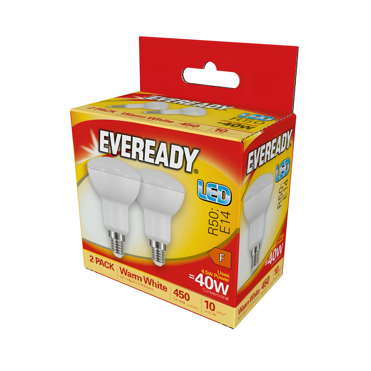 A brightly colored box of Eveready 4.5W Non-Dimmable R50 LED Reflector Bulbs in warm white, with an E14 base, available in a 2-pack. The front showcases the energy-efficient directional lighting, equivalent to 40W and producing 450 lumens. The packaging features predominantly red and yellow colors along with product information and the logo.