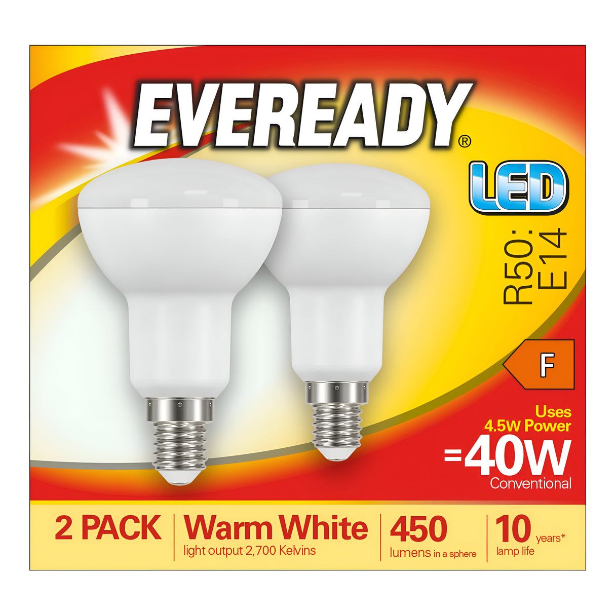 The image showcases energy-efficient packaging for a 2-pack of Eveready LED bulbs. Key features include each bulb having a power of 4.5W, equivalent to 40W, delivering 450 lumens of warm white light at 3000K with an E14 fitting. These bulbs provide directional lighting and have a lifespan of up to 10 years, carrying an F energy rating.