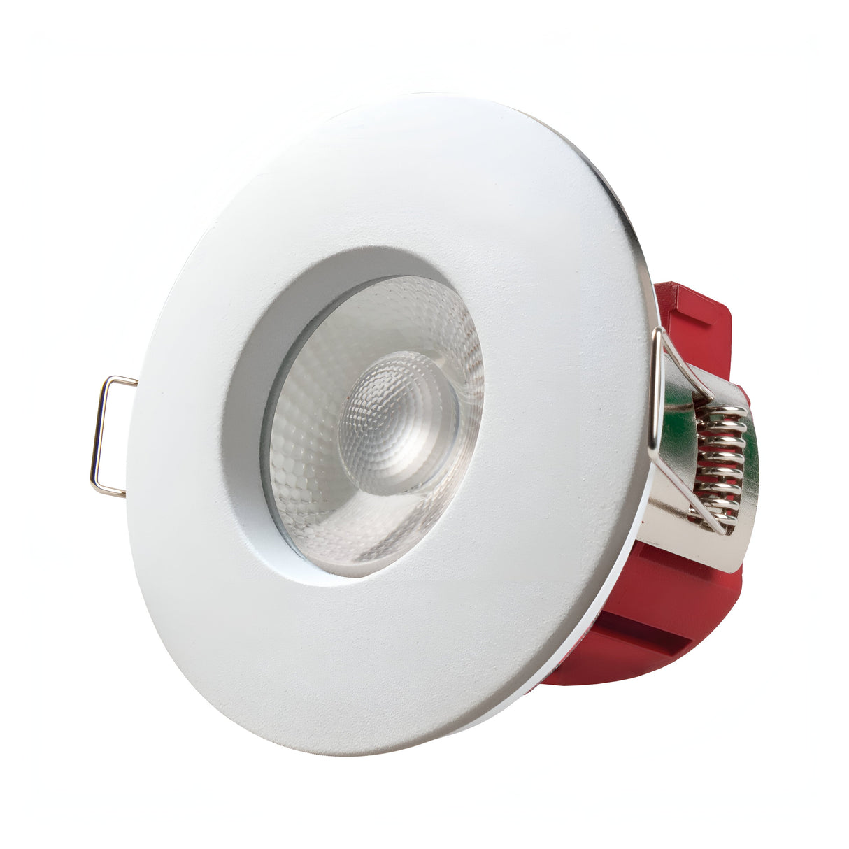 The PowerMaster LED Recessed Fire Rated Downlight features a circular white design with a textured inner surface and red casing. Its CCT adjustable and comes with two metal spring clips for easy installation.
