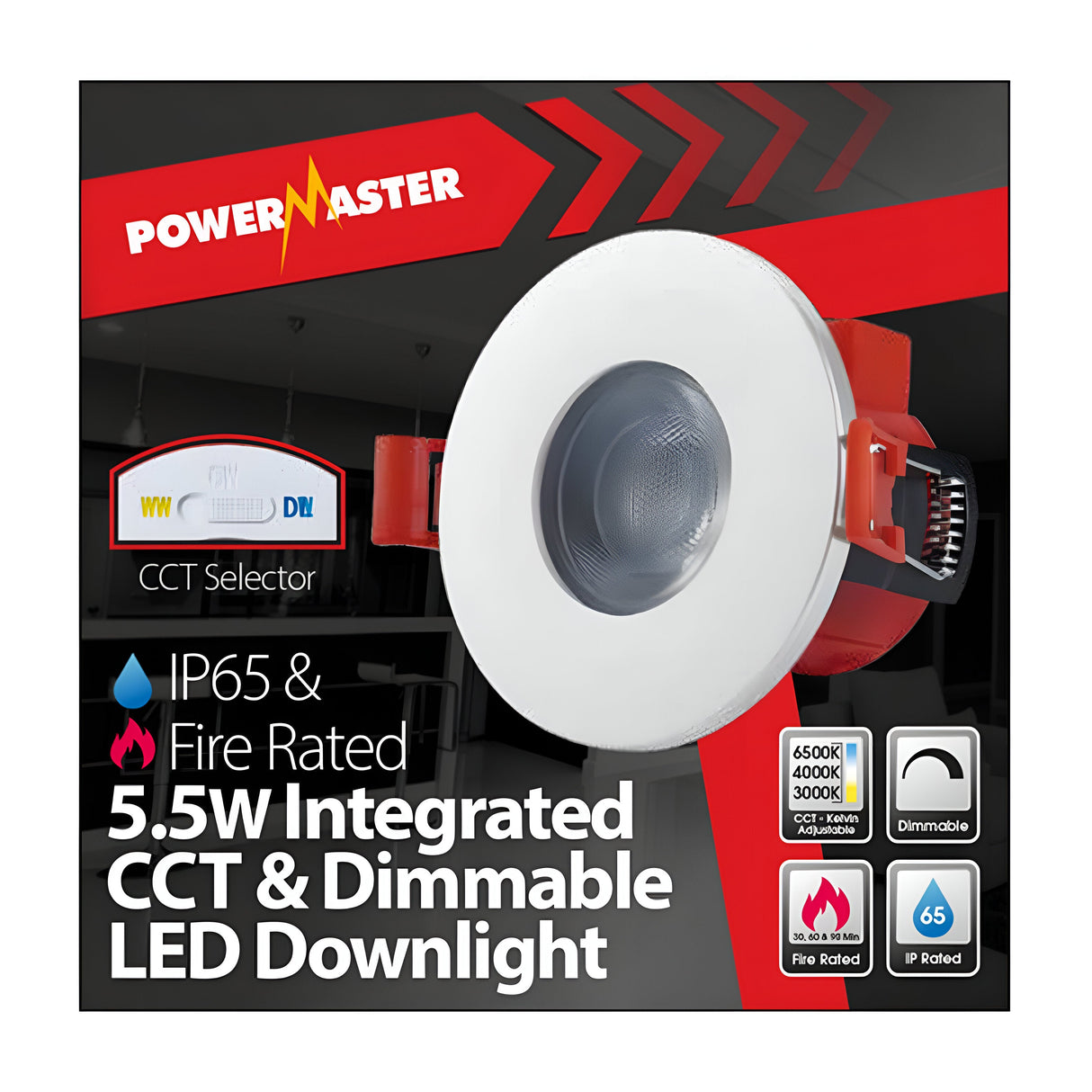 The PowerMaster LED Recessed Fire Rated Downlight features adjustable CCT options (6500K, 4000K, 3000K) and an IP65 rating. This 5.5W dimmable light ensures efficient, versatile illumination for any space.
