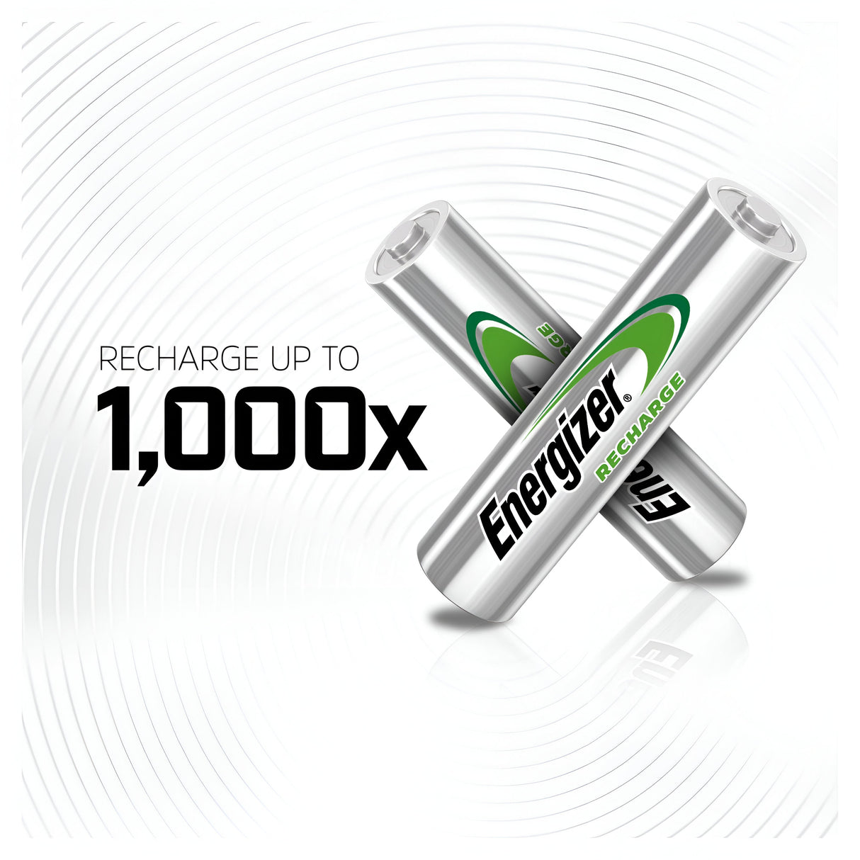Two silver Energizer Universal AAA HR03 Rechargeable Batteries from a 4 pack, featuring a green label, are crossed against a white background with circular patterns. Text on the left states "Recharge up to 1,000x," underscoring these rechargeable batteries as an eco-friendly power option with a capacity of 500mAh.