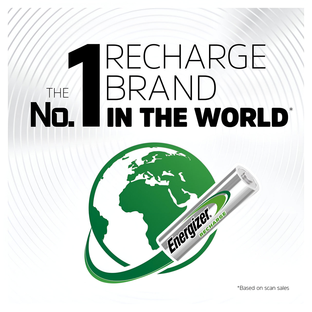 The image displays an Energizer Universal AAA HR03 Rechargeable Battery 500mAh (4 Pack) next to a globe, highlighting the title "The No. 1 Recharge Brand in the World." This battery offers a sustainable power solution. The background features circular lines with small text indicating, "Based on scan sales.