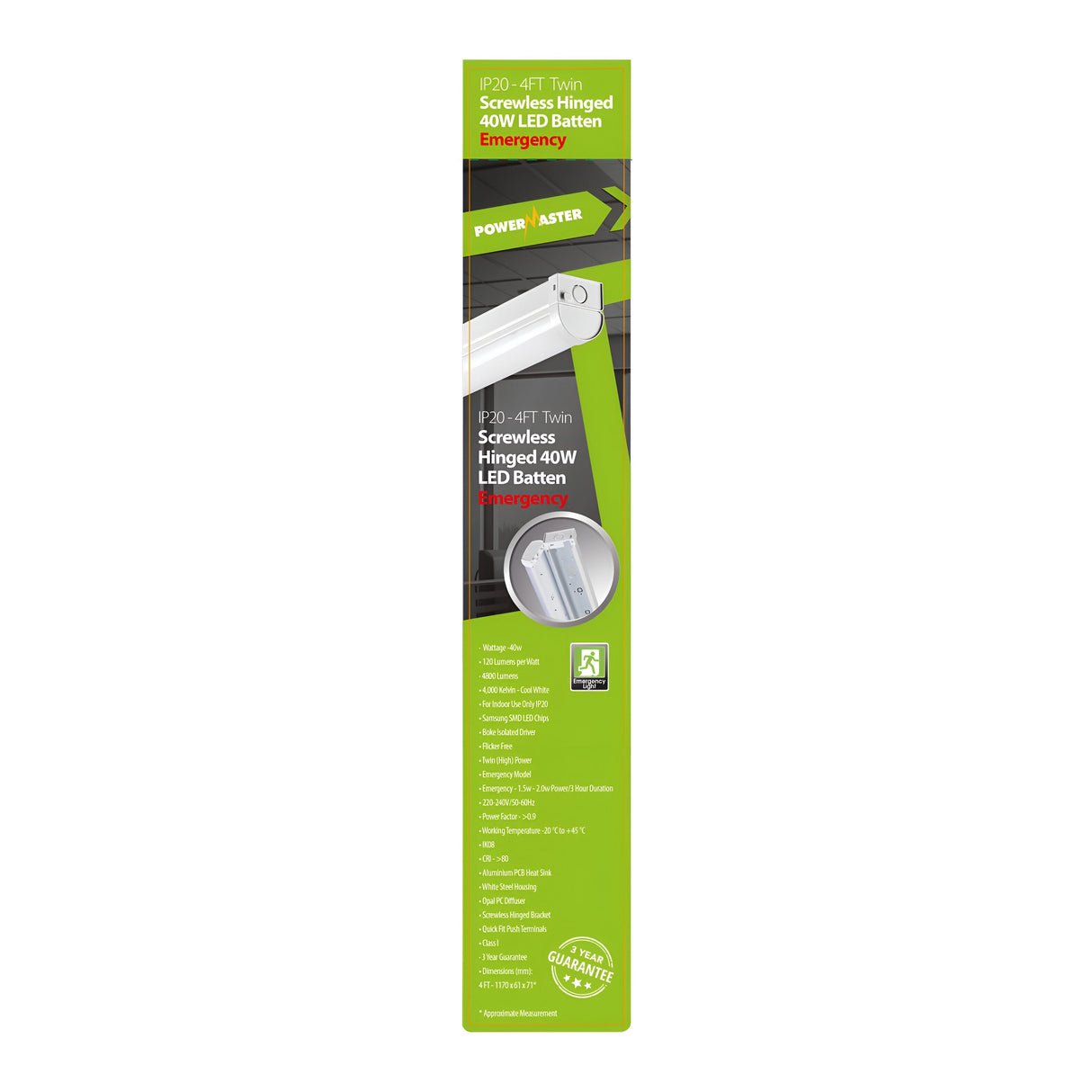 The packaging for the PowerMaster 4ft 40W LED Screwless Hinged Twin Emergency Batten in Cool White is primarily green, showcasing product images and specifications. Its hinged design facilitates easy installation, and it features Flicker-Free Technology for smooth and dependable emergency lighting.