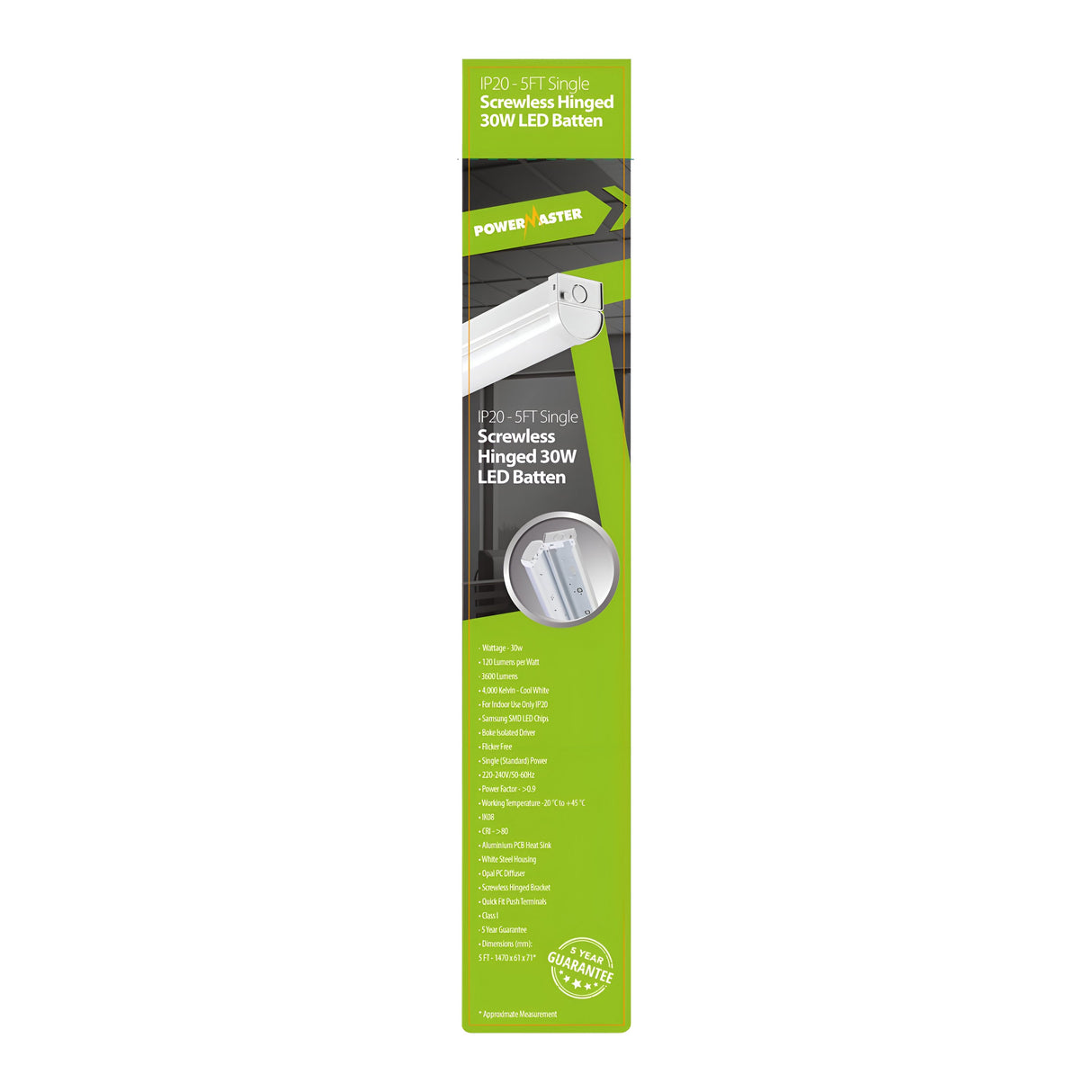 The packaging for the PowerMaster 5ft 30W LED Screwless Hinged Single Batten - 4,000K, Cool White features a green and white design. It includes product details, an image of the energy-efficient LED batten, and a badge highlighting a 2 Year Guarantee, combining both reliability and style in this high-performance lighting fixture.