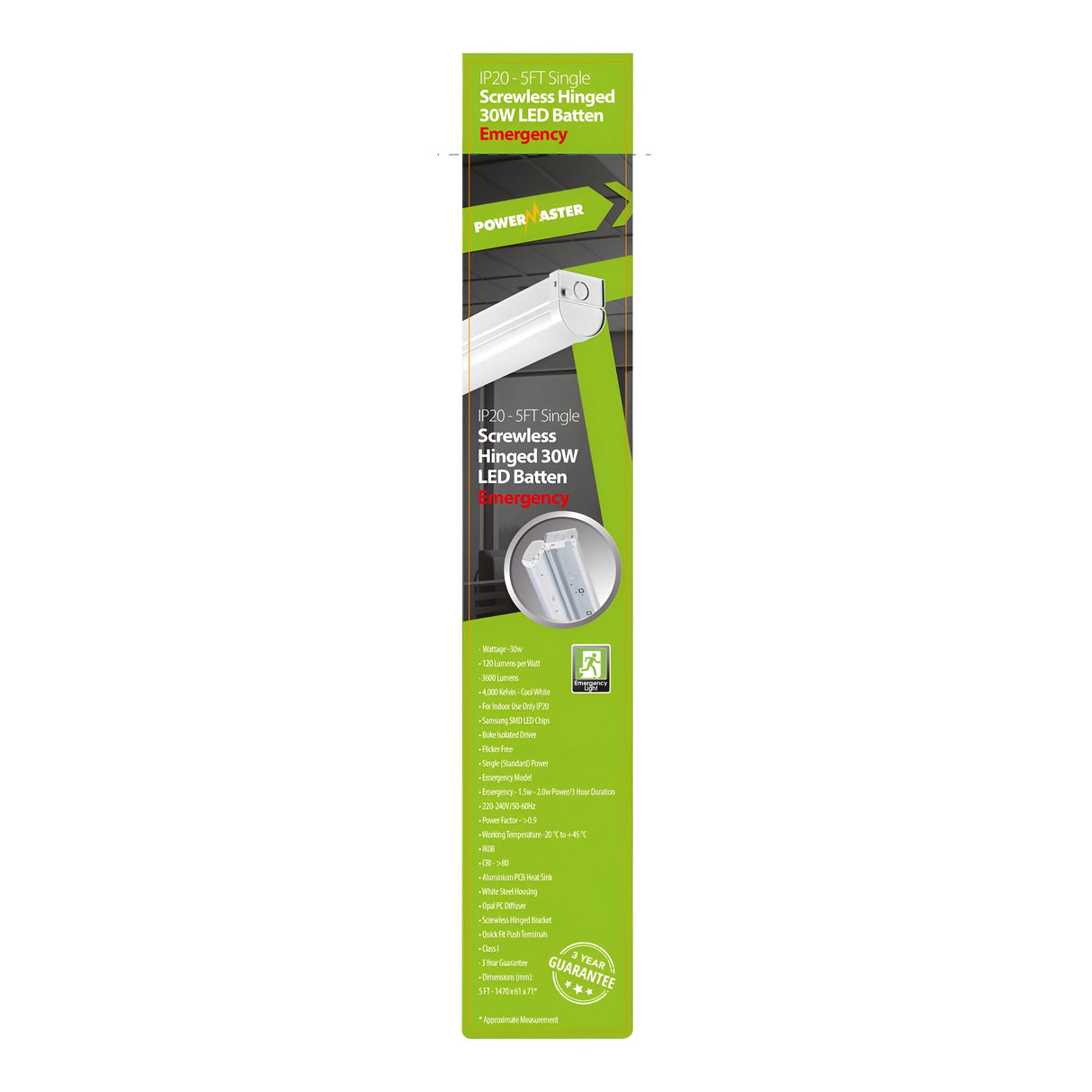 The packaging for the PowerMaster 5ft 30W LED Screwless Hinged Single Emergency Batten is labeled as an emergency light and features a green and white design. It highlights characteristics such as cool white illumination (4,000K) and includes a bright light beam illustration, with text presented in multiple languages.