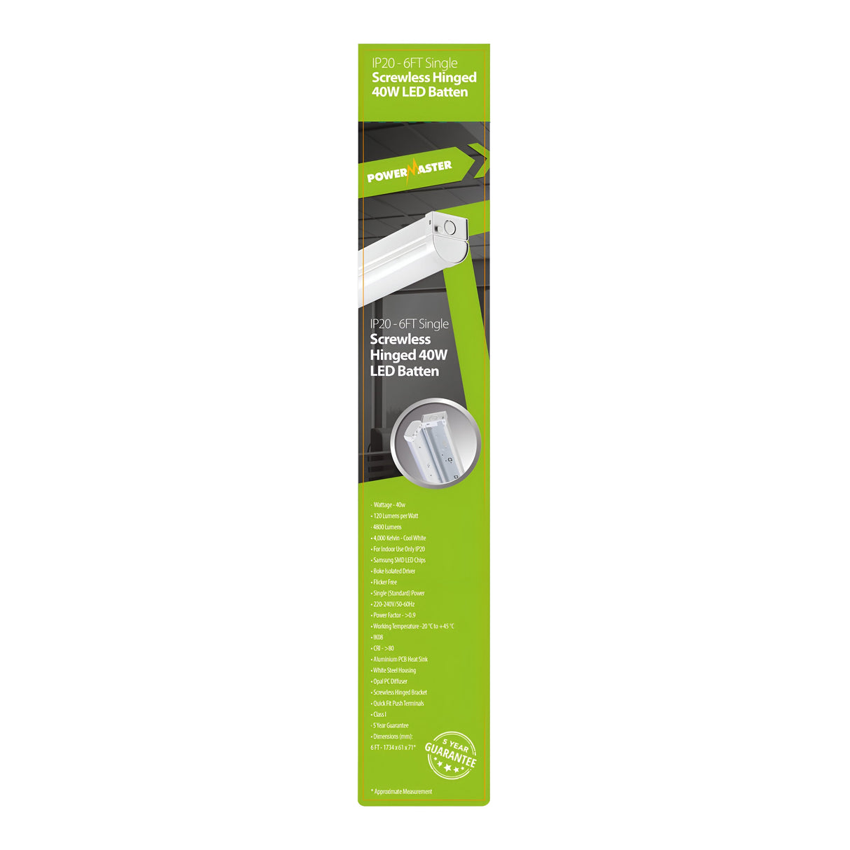 Explore environmentally conscious packaging with the PowerMaster 6ft 40W LED Screwless Hinged Single Batten - 4,000K, Cool White. This product includes an image, comprehensive specifications, flicker-free technology, and prominently features a 5-Year Guarantee badge.