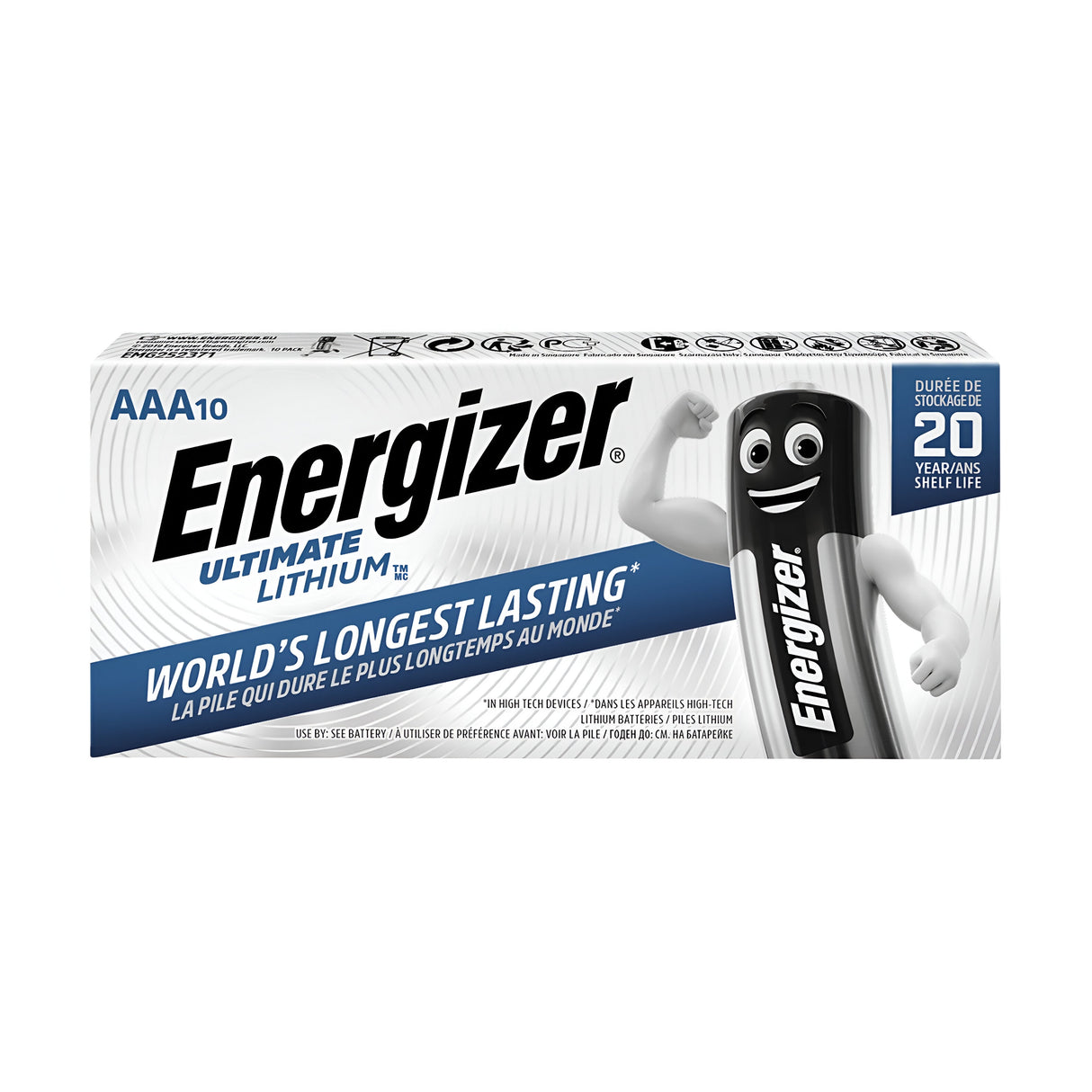 Package of Energizer Ultimate AAA LR03 Lithium Batteries (10 Pack), showcasing a cheerful battery character on the front. Perfect for high-drain devices and exceptional in extreme conditions, the package emphasizes "World's Longest Lasting" and offers a 20-year shelf life. The text is displayed in both English and French.