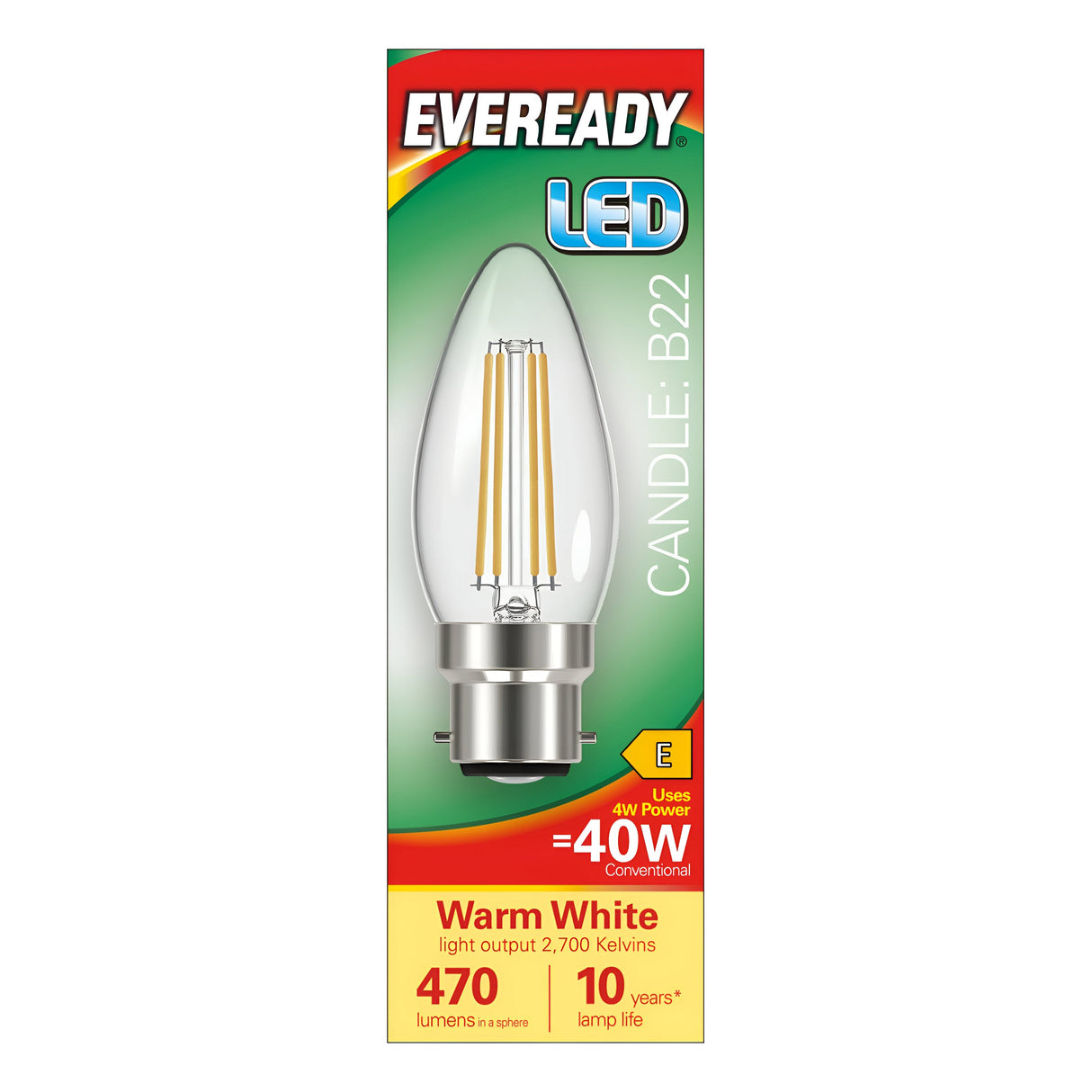 The Eveready 4W Non-Dimmable LED Candle Filament Bulb - Warm White, B22, 2700K packaging highlights its energy-efficient design with just 4W of power consumption, equivalent to a traditional 40W bulb. It provides a warm white glow at 2700K and delivers 470 lumens for a vintage appearance and lasting quality, boasting a lifespan of up to 10 years. The box features green with yellow and red accents.