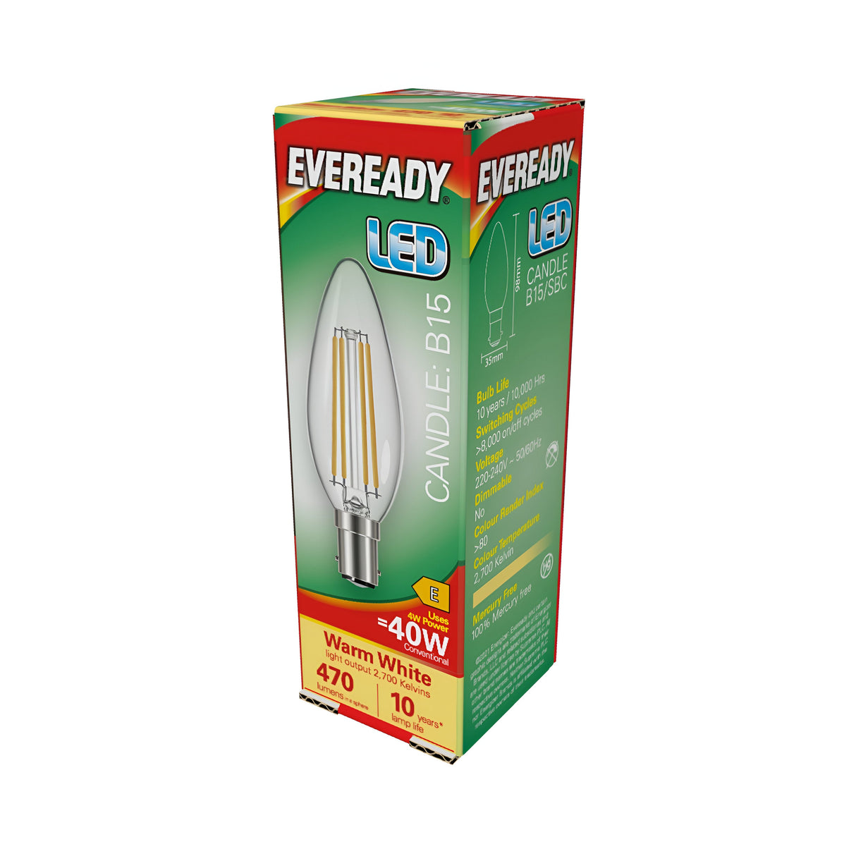 The image displays a box of the Eveready 4W Non-Dimmable LED Candle Filament Bulb, described as Candle B15 in green and red. It highlights energy-efficient lighting, providing a 40W equivalent with a warm white glow of 470 lumens and an impressive lifespan of up to 10 years. The packaging includes imagery of the bulb along with details on its energy-saving features.