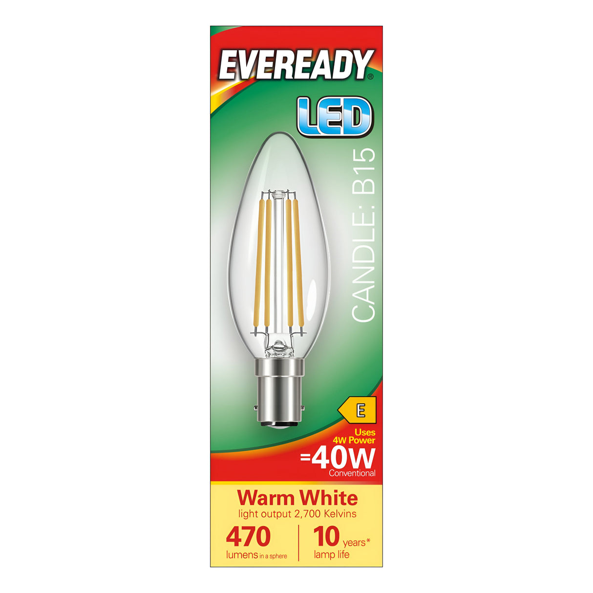 The green and yellow packaging for the Eveready 4W Non-Dimmable LED Candle Filament Bulb highlights its energy-efficient lighting, featuring a warm white glow at 2,700 kelvins. This candle-shaped bulb with a B15 base delivers 470 lumens while using only 4 watts of power, equivalent to a traditional 40-watt bulb, and offers an impressive lifespan of up to 10 years.