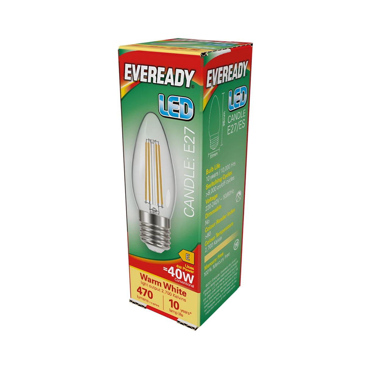 Photograph of an Eveready 4W Non-Dimmable LED Candle Filament Bulb box. The green and red packaging highlights key features: E27 base, warm white glow at 2700K, equivalent to a 40W bulb, providing 470 lumens with a lifespan of up to 10 years. Energy efficiency and recycling icons adorn the side, emphasizing its eco-friendly design.
