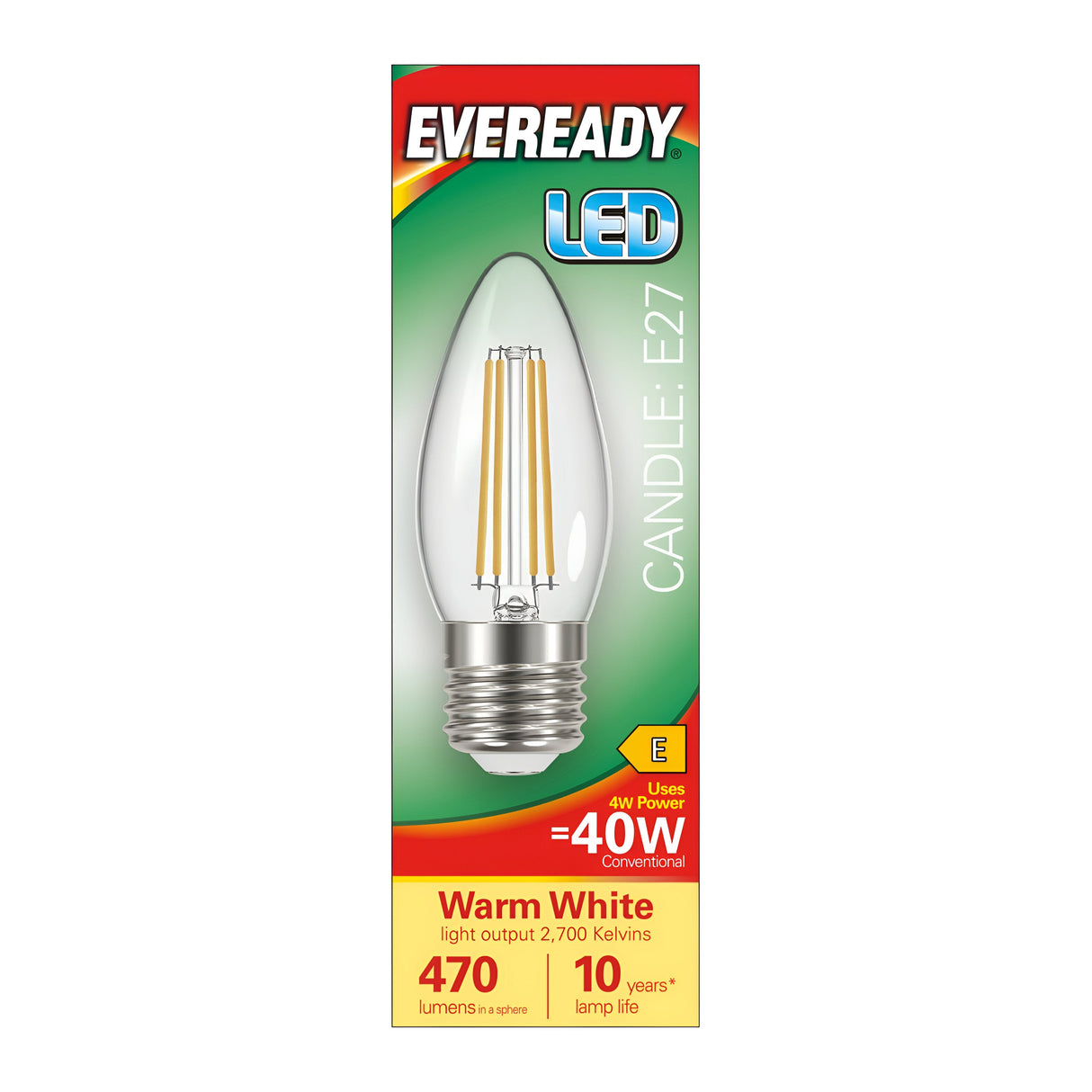 Image of an Eveready 4W Non-Dimmable LED Candle Filament Bulb package. It highlights a power usage equivalent to 40W with an E27 base, providing an energy-efficient warm white glow at 2700K and 470 lumens, boasting a lamp life lasting up to 10 years.