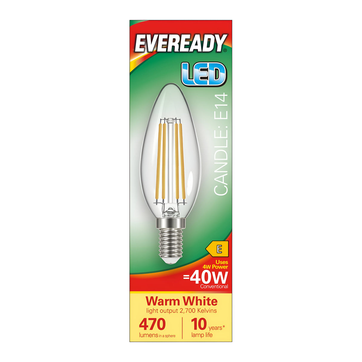 The Eveready 4W Non-Dimmable LED Candle Filament Bulb provides a warm white light using only 4 watts of power, equivalent to a traditional 40W bulb. It features an E14 base, delivers 470 lumens at 2700K, and is designed to last up to 10 years.
