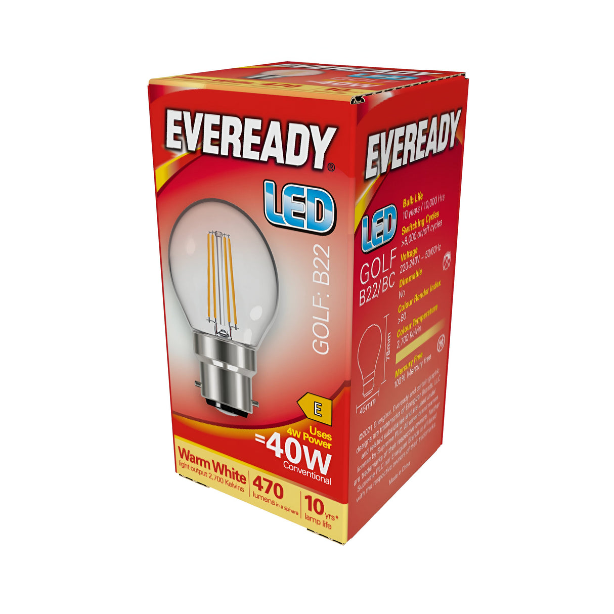 A red box containing the Eveready 4W Non-Dimmable LED Golf Ball Filament Bulb, featuring a B22 fitting and warm white light at 2700K. This bulb offers the equivalent brightness of a 40W conventional bulb with 470 lumens and boasts a lifespan of up to ten years. The packaging includes an image of the bulb and detailed specifications.