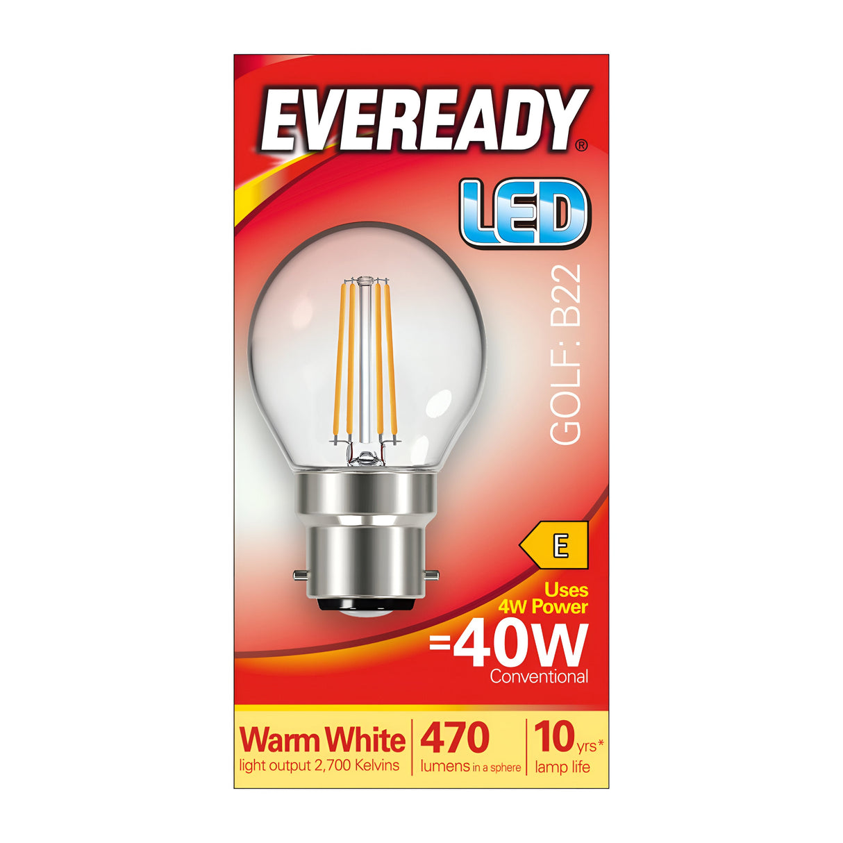 Image of an Eveready LED Golf Ball Bulb package. The label reads "Eveready 4W Non-Dimmable LED Golf Ball Filament Bulb - Warm White, B22, 2700K," highlighting its ability to replace a conventional 40W bulb. Featuring a vintage filament design, this bulb provides warm white light at 2700 Kelvins, delivers 470 lumens, and offers energy-saving brilliance with a lifespan of up to 10 years.