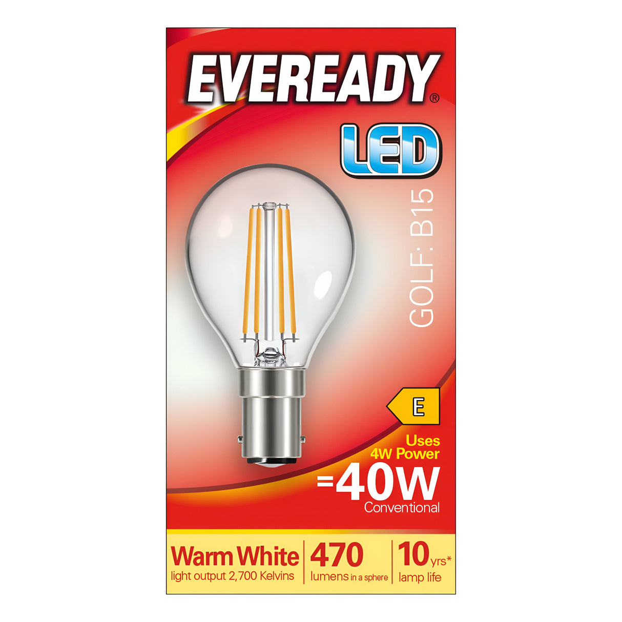 The packaging of the Eveready 4W Non-Dimmable LED Golf Ball Filament Bulb - Warm White, B15, 2700K highlights its energy-efficient performance with warm white light at 470 lumens, equivalent to a traditional 40W bulb while using only 4W. This non-dimmable bulb offers an impressive lifespan of up to 10 years and features distinctive brand logos alongside a clear image of the bulb.