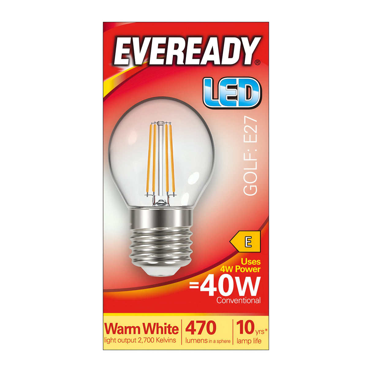 Image of an Eveready 4W Non-Dimmable LED Golf Ball Filament Bulb package. This warm white bulb provides 2700 Kelvin light and emits 470 lumens while consuming only 4 watts, which is equivalent to a traditional 40-watt bulb. With its E27 fitting and E energy rating, experience up to a decade of energy-efficient lighting.