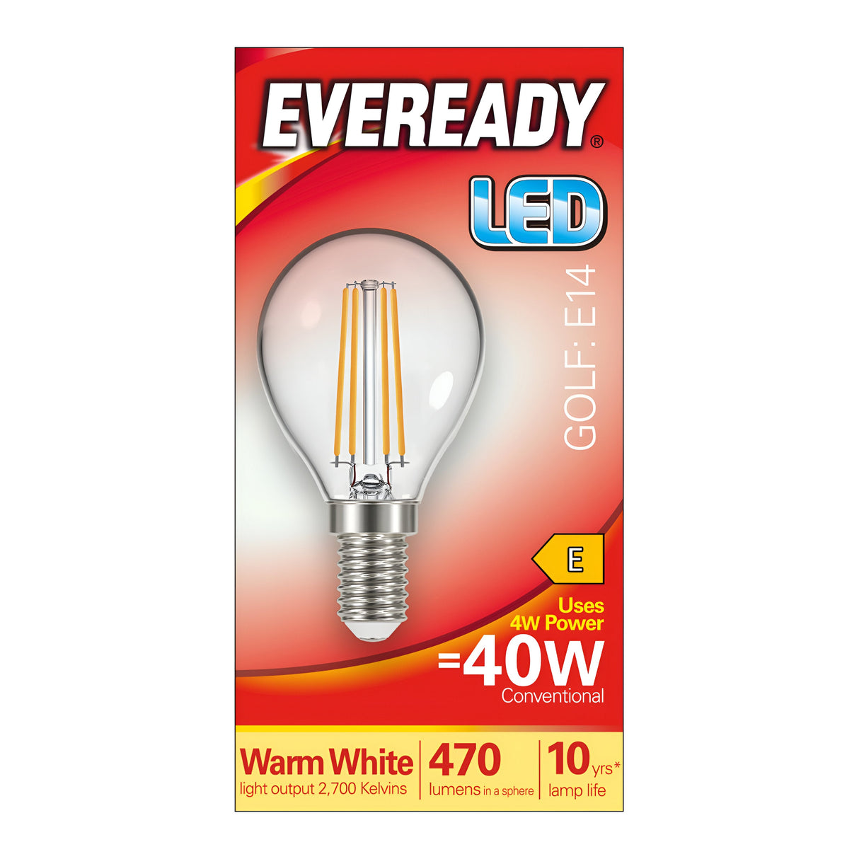 Packaging of an Eveready 4W Non-Dimmable LED Golf Ball Filament Bulb: This product features an E14 base and provides the equivalent brightness of a 40W bulb using only 4W. It emits a warm white glow at 2700K with 470 lumens. Experience energy-efficient lighting with a lifespan of up to 10 years, all packaged in an eye-catching design featuring a red background with yellow and white text.
